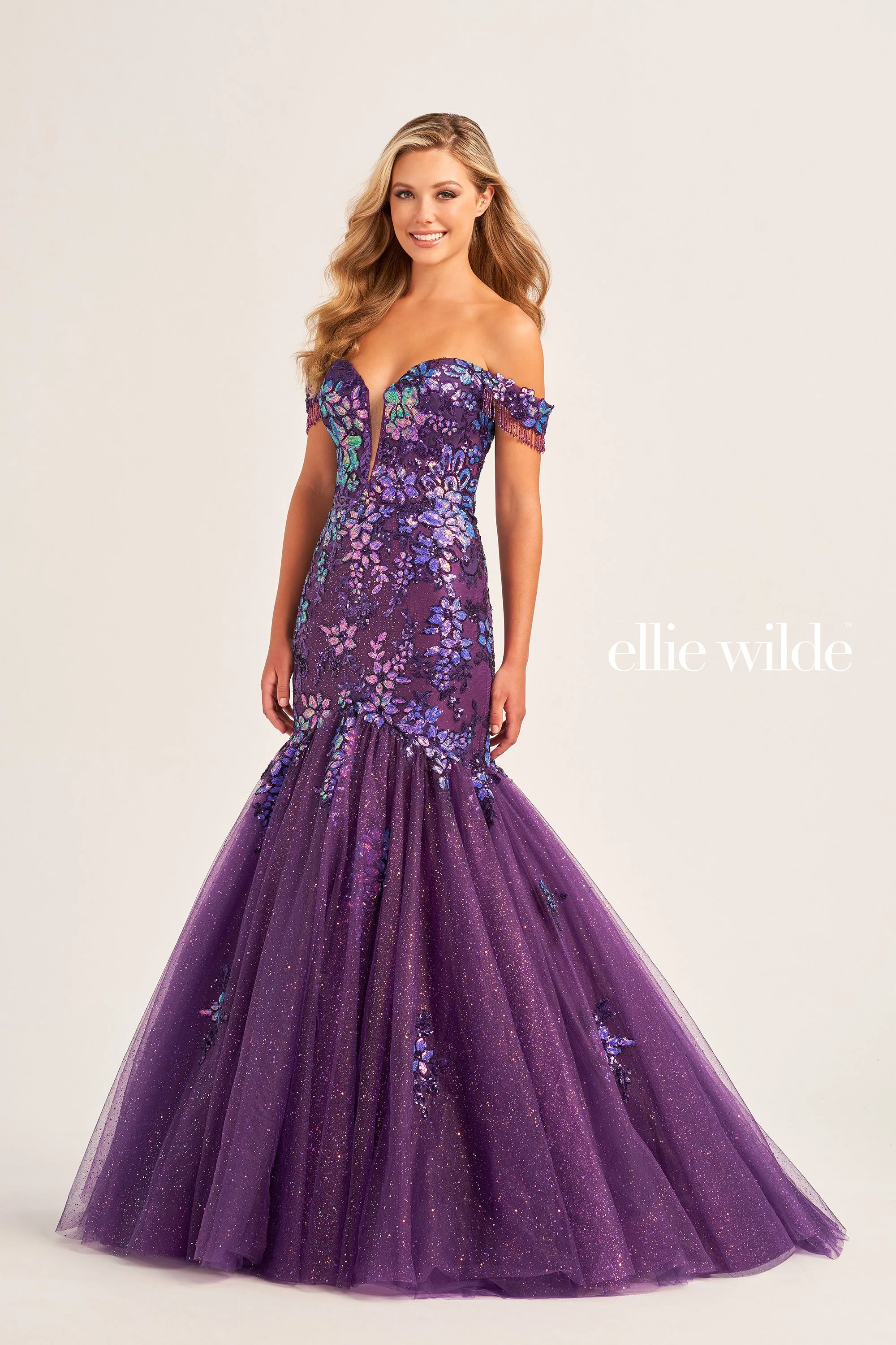 Ellie Wilde EW35219 Size 00 Purple Long Shimmer Sequin Mermaid Dress Off The Shoulder Fringe Pageant Gown