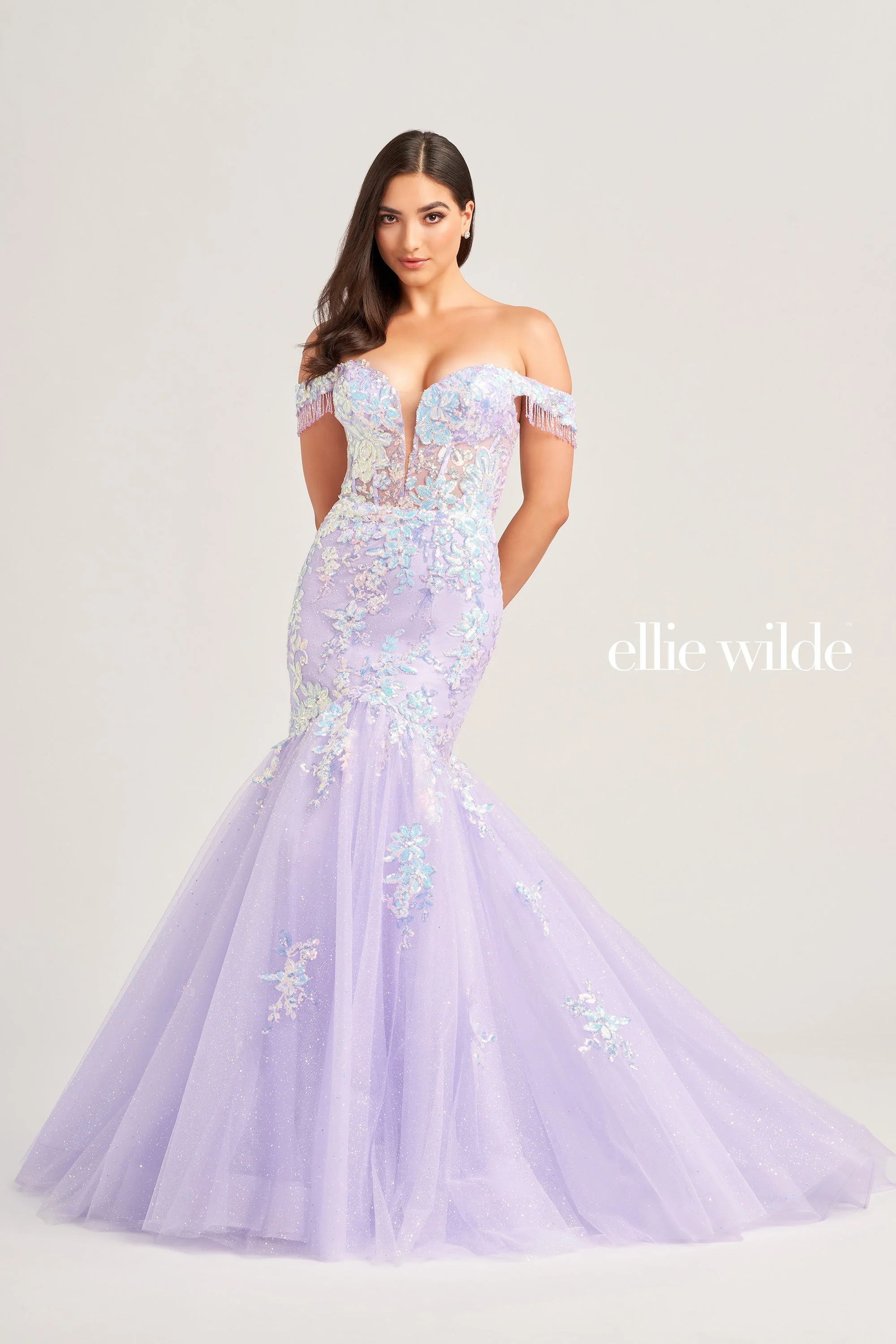 Ellie Wilde EW35219 Size 00 Purple Long Shimmer Sequin Mermaid Dress Off The Shoulder Fringe Pageant Gown - Image 2