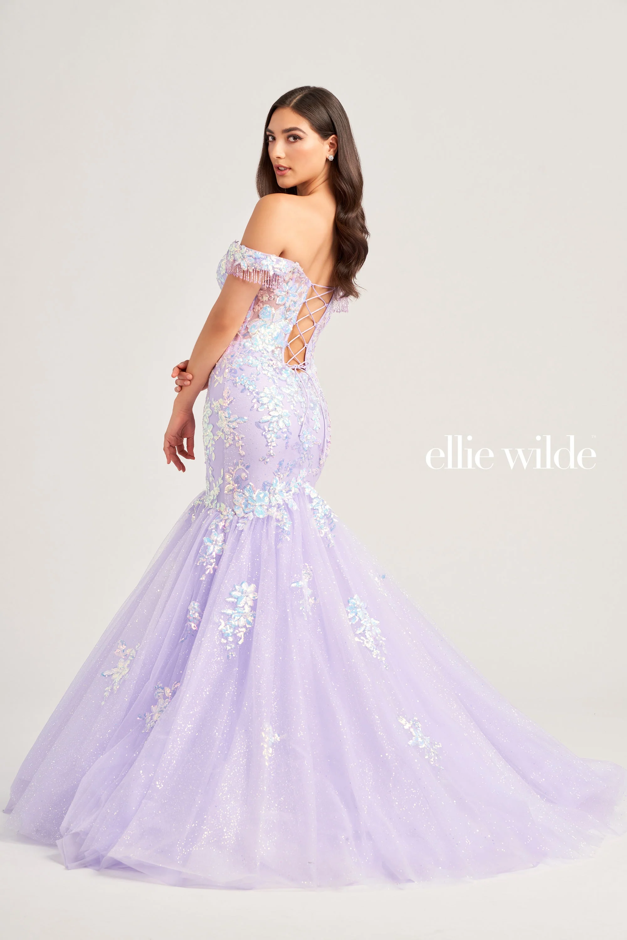 Ellie Wilde EW35219 Size 00 Purple Long Shimmer Sequin Mermaid Dress Off The Shoulder Fringe Pageant Gown - Image 4