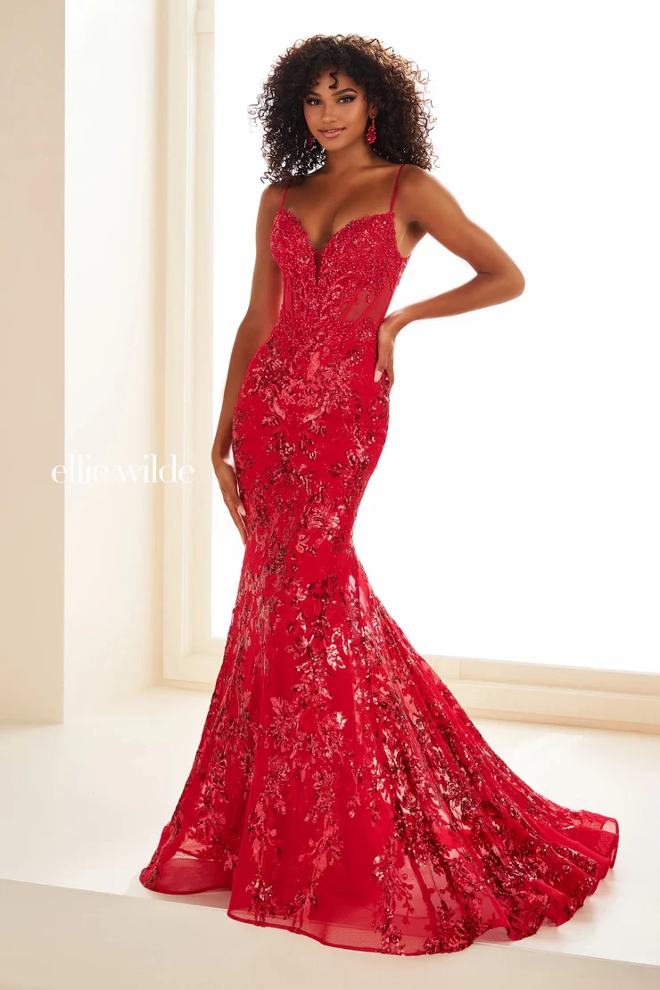 Ellie Wilde EW36003 Sheer Corset Sequin Mermaid Backless Prom Dress Pageant Evening Gown - Image 8