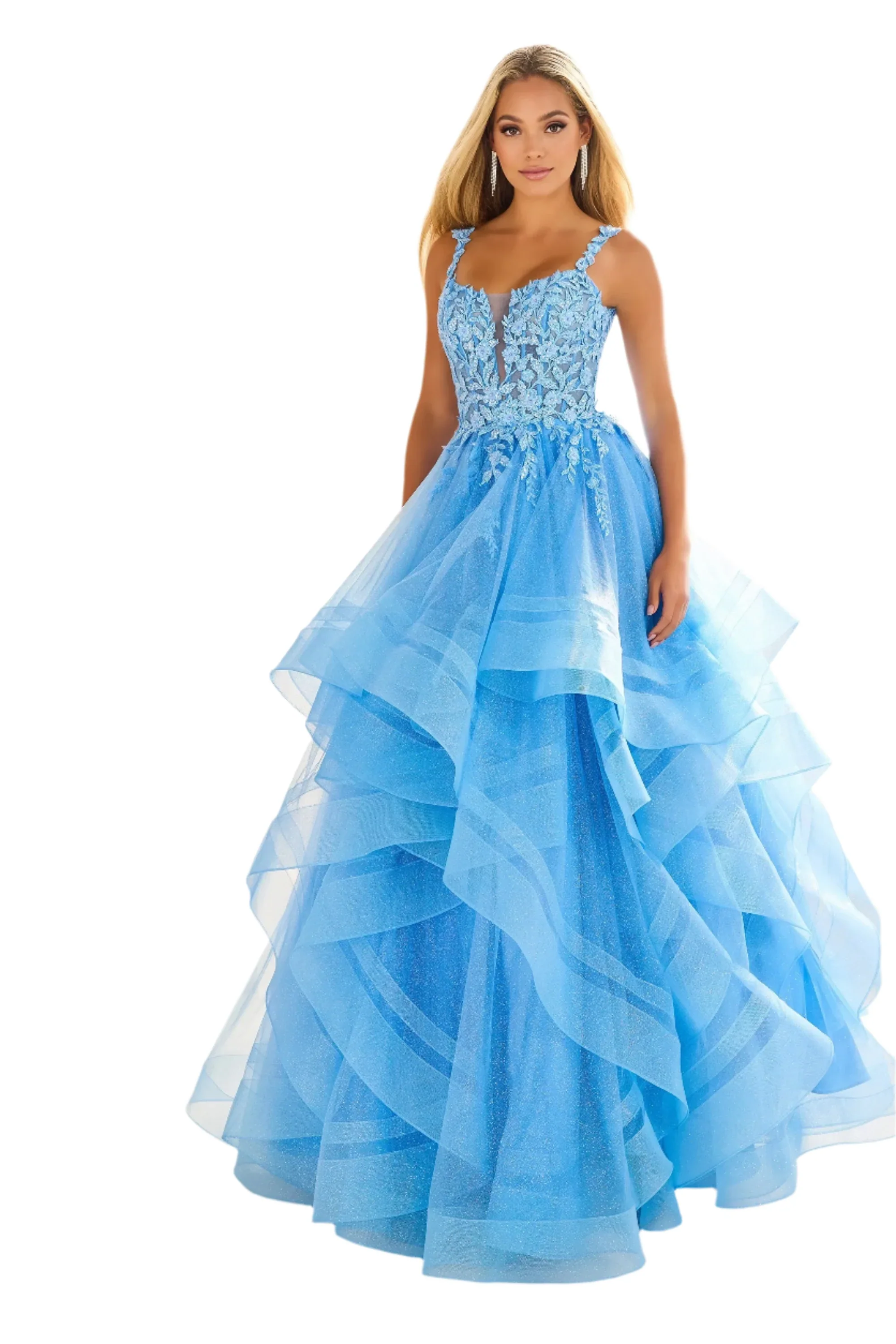 Ellie Wilde EW36035 Size 00 Lavender Sheer Lace Shimmer Ruffle Prom Dress Ballgown Corset Sequin Layer Gown - Image 2
