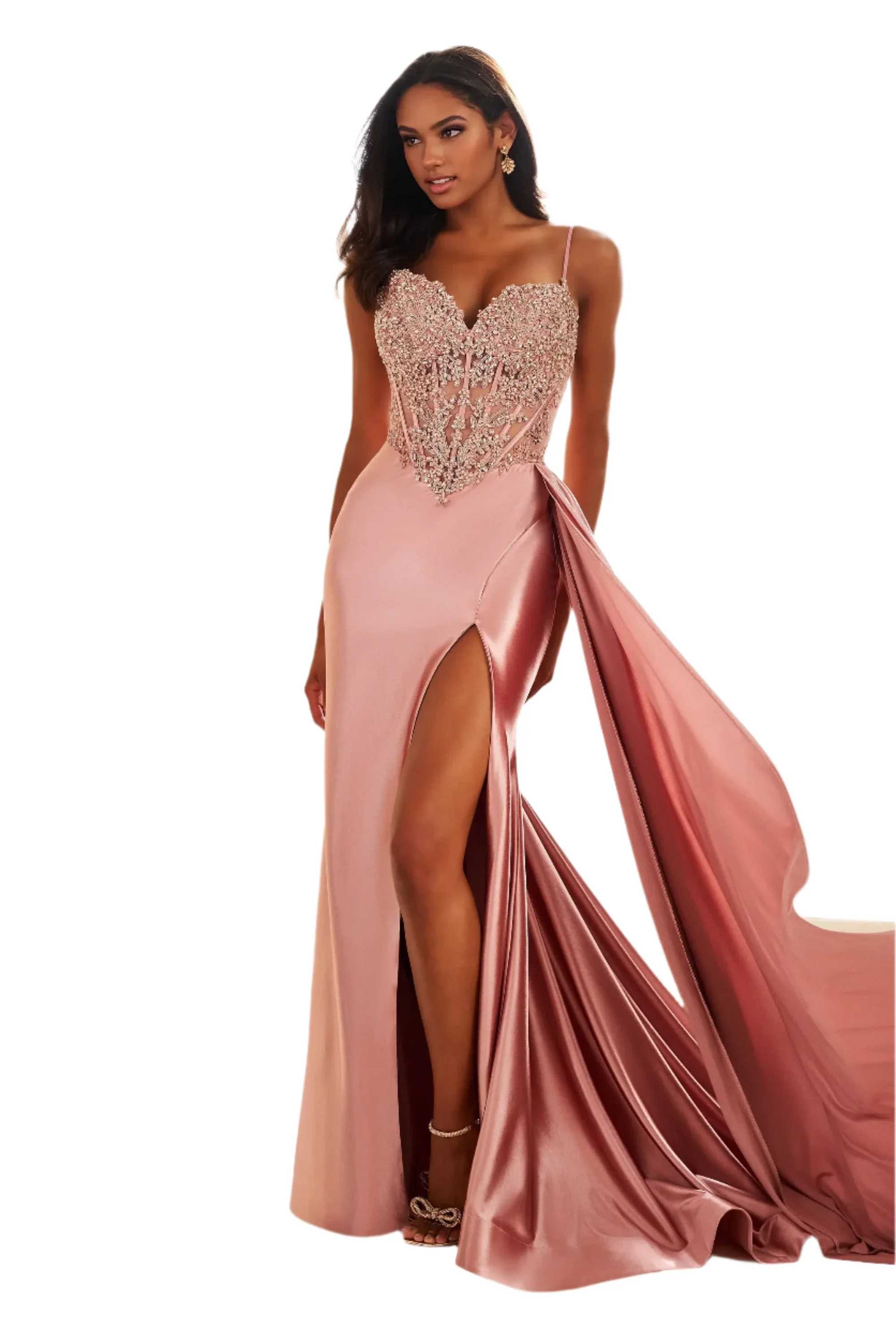 Ellie Wilde EW36064 Size 8 Rose Gold Long Sheer Lace Corset Prom Dress Overskirt Slit Pageant Formal Evening Gown - Image 4