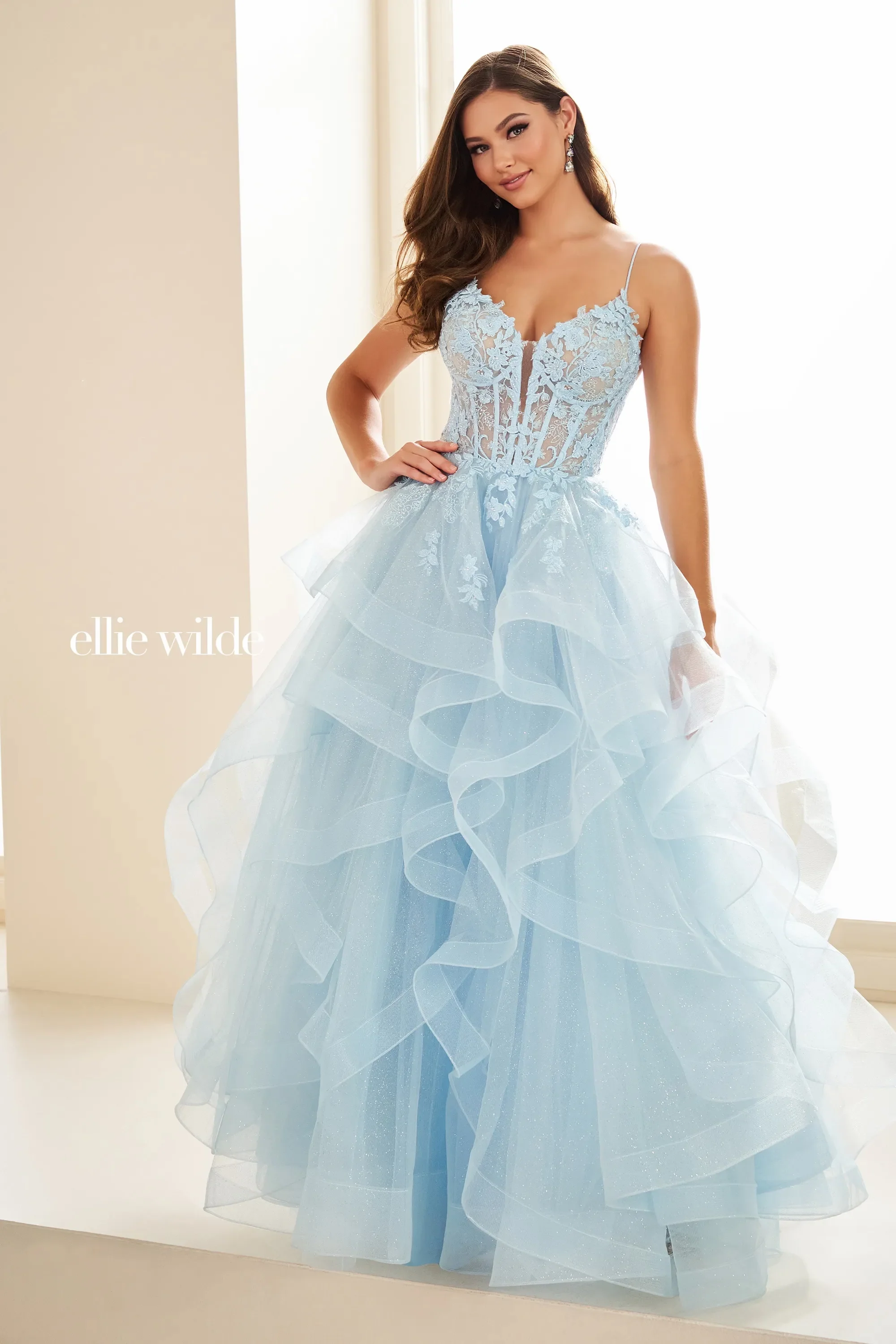 Ellie Wilde EW36203 Size 0 Fuchsia Ruffle A Line Sheer Lace Corset Prom Dress Formal evening Gown Shimmer - Image 2