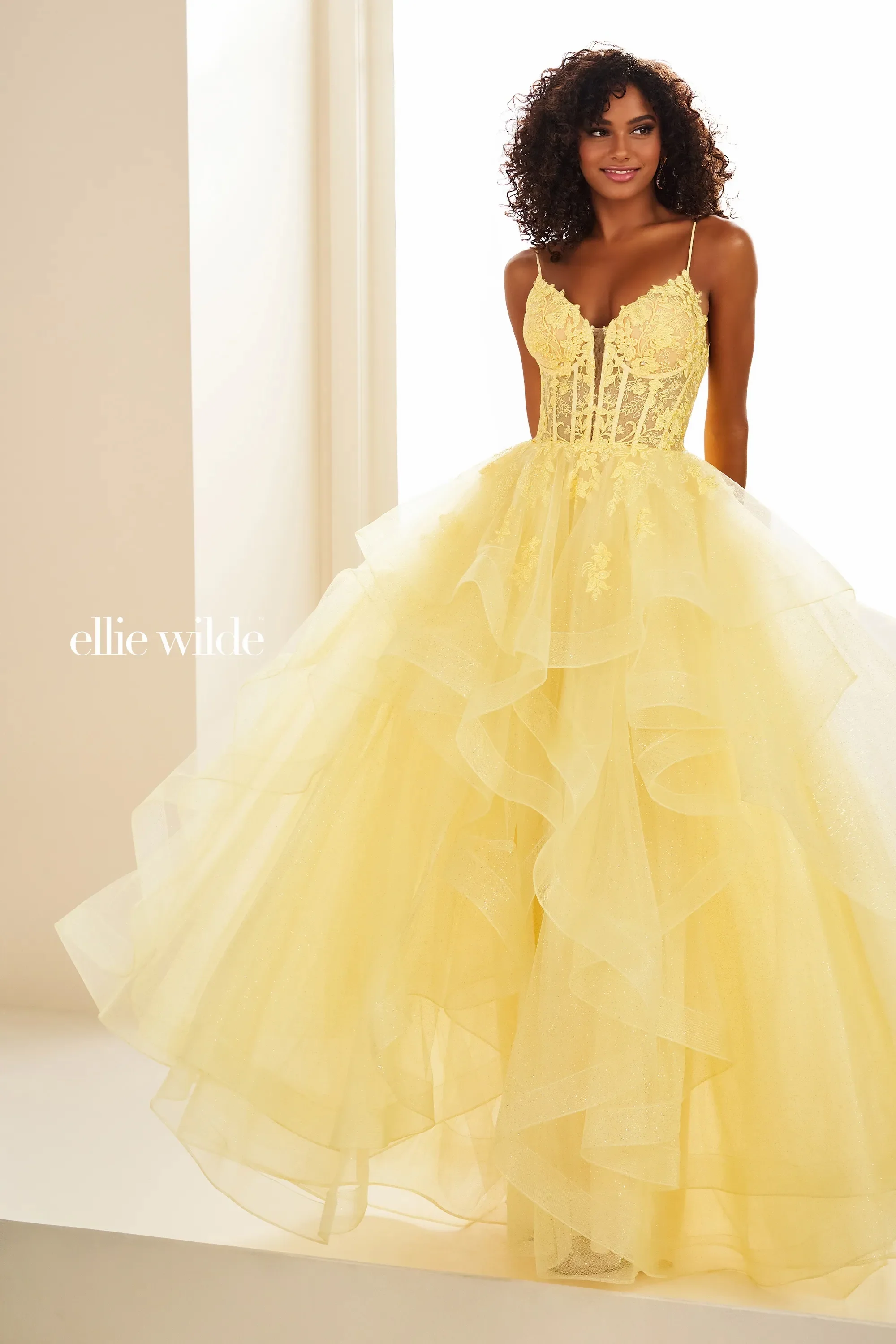 Ellie Wilde EW36203 Size 0 Fuchsia Ruffle A Line Sheer Lace Corset Prom Dress Formal evening Gown Shimmer - Image 3