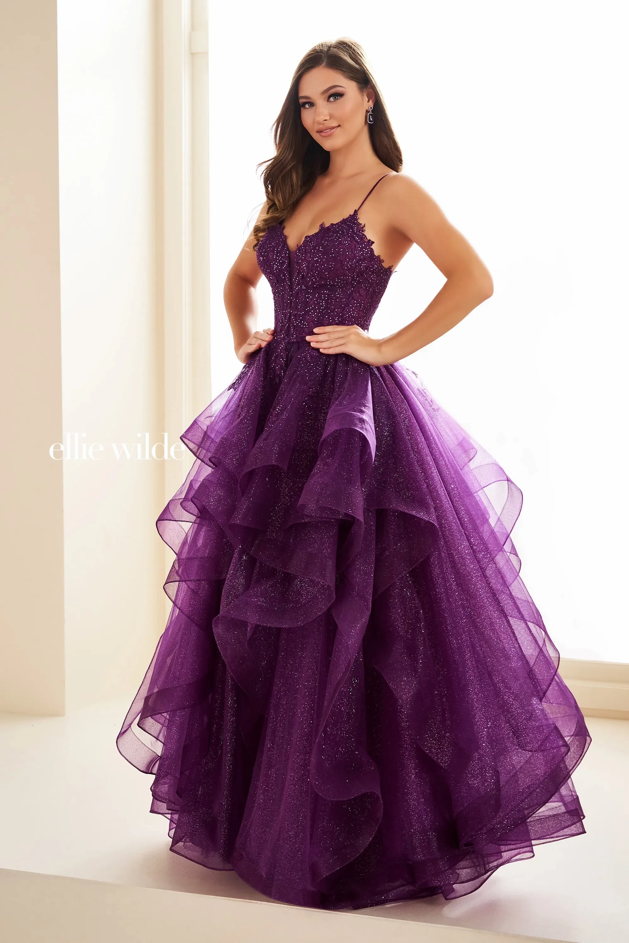 Ellie Wilde EW36203 Size 0 Fuchsia Ruffle A Line Sheer Lace Corset Prom Dress Formal evening Gown Shimmer - Image 4
