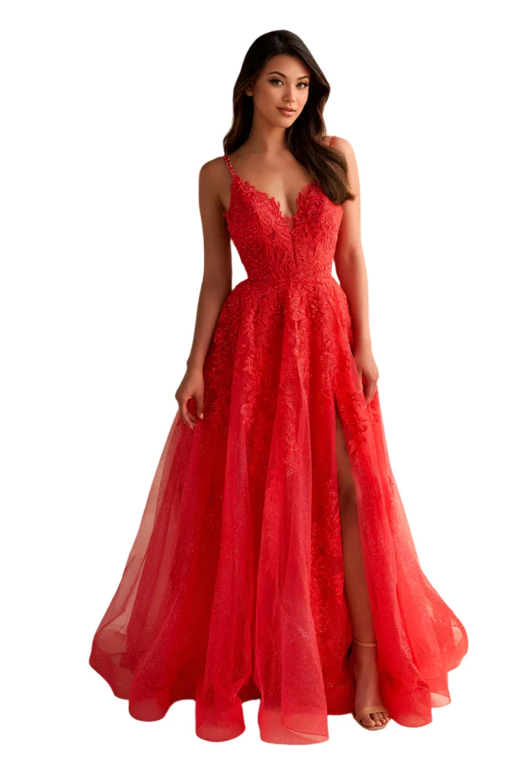 Ellie Wilde EW36226 Size 8 Strawberry Long Shimmer Sheer Lace A Line Slit Prom Dress Formal V Neck Gown