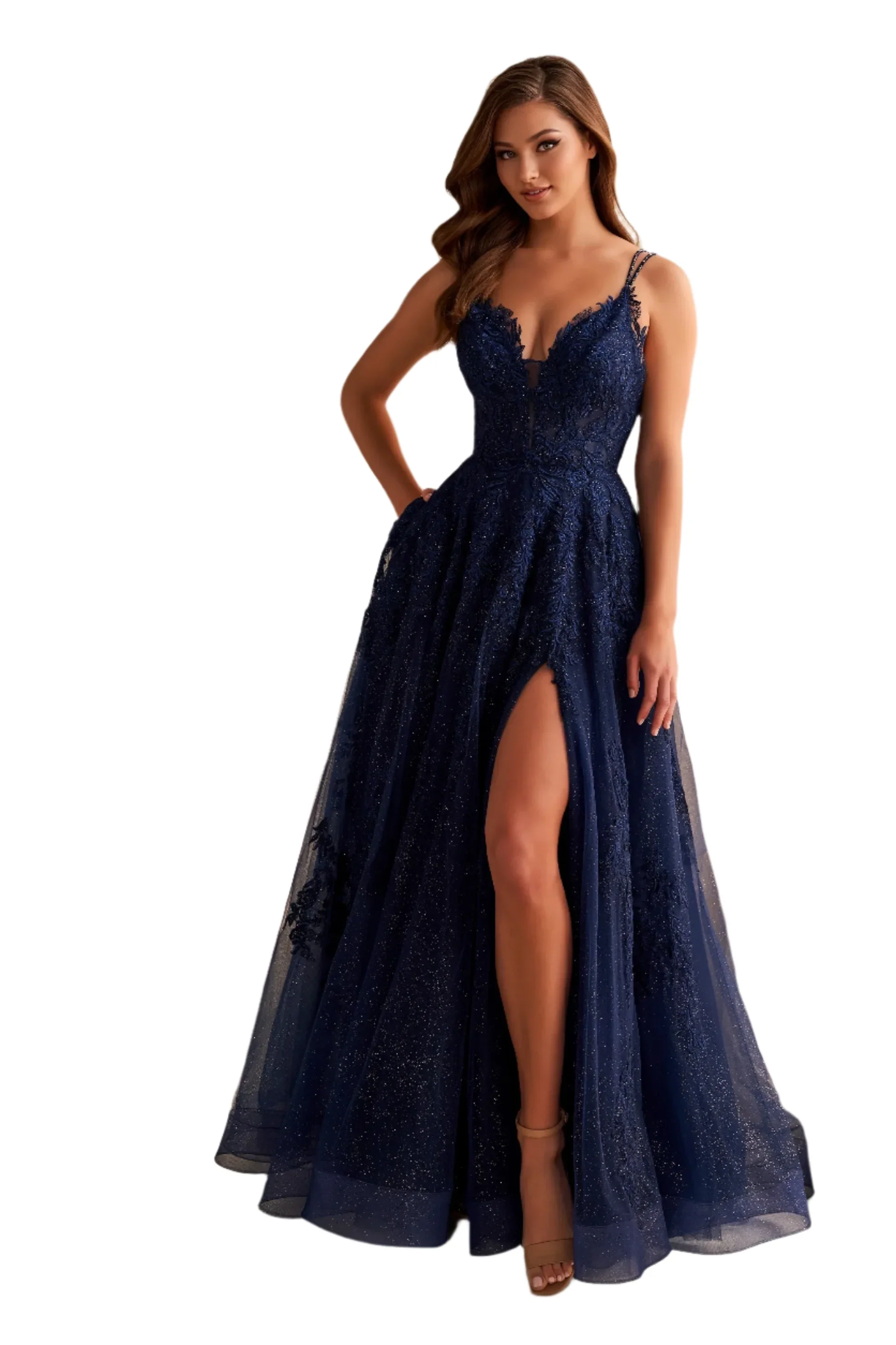 Ellie Wilde EW36226 Size 8 Strawberry Long Shimmer Sheer Lace A Line Slit Prom Dress Formal V Neck Gown - Image 2