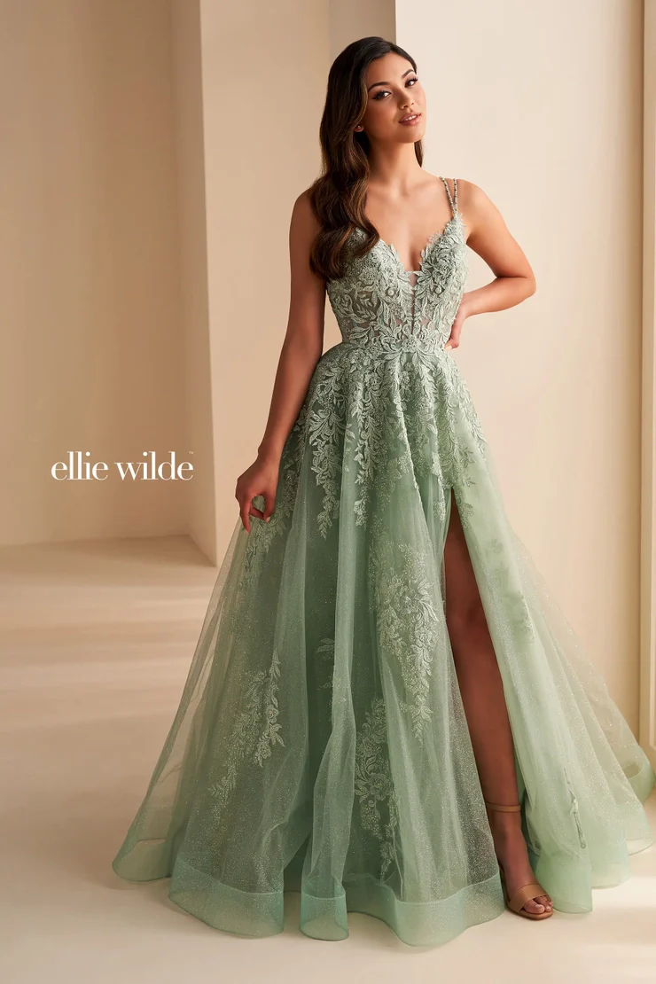 Ellie Wilde EW36226 Size 8 Strawberry Long Shimmer Sheer Lace A Line Slit Prom Dress Formal V Neck Gown - Image 4
