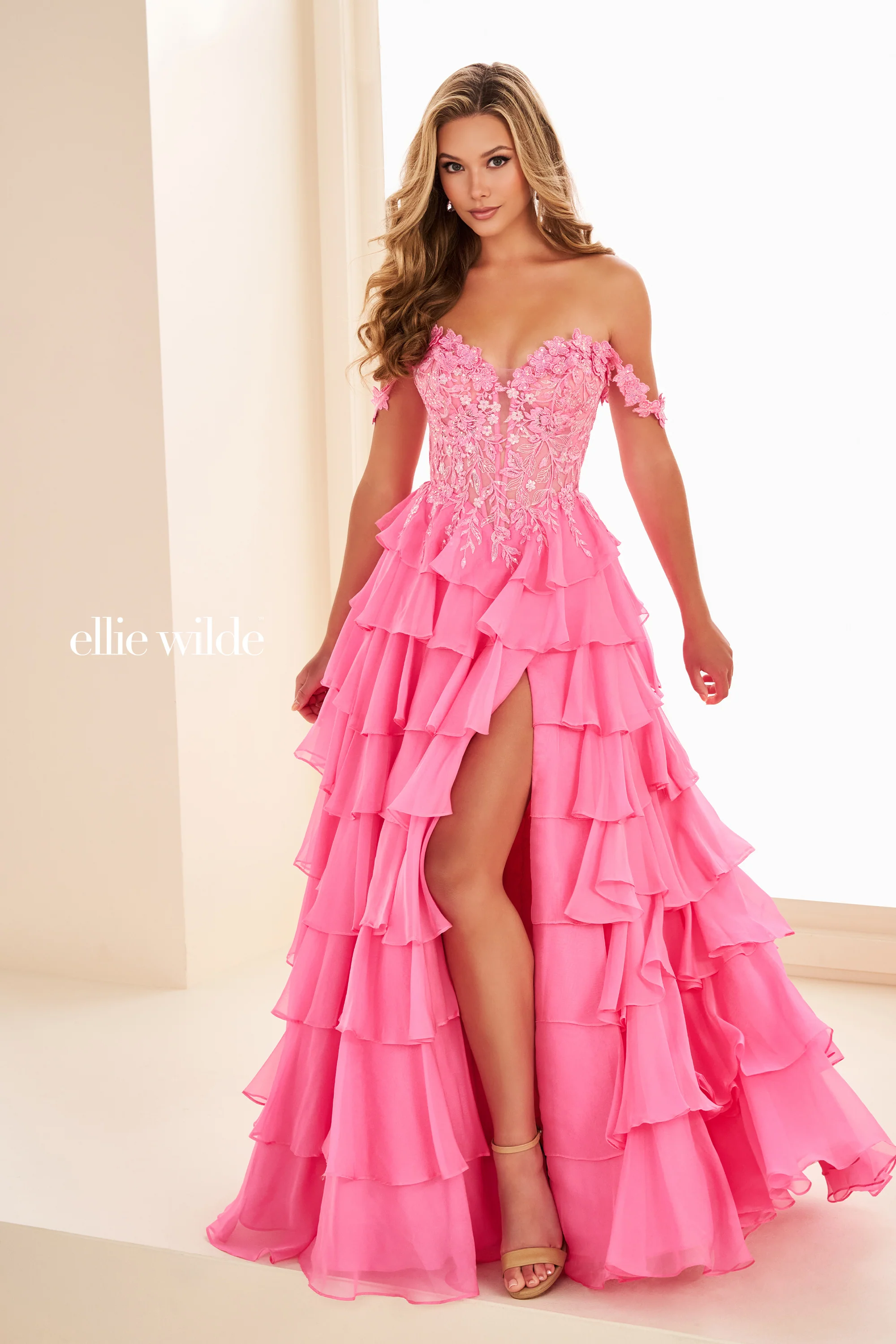 Ellie Wilde EW37108 Size 24 Hot Pink tier Ruffle Prom Dress