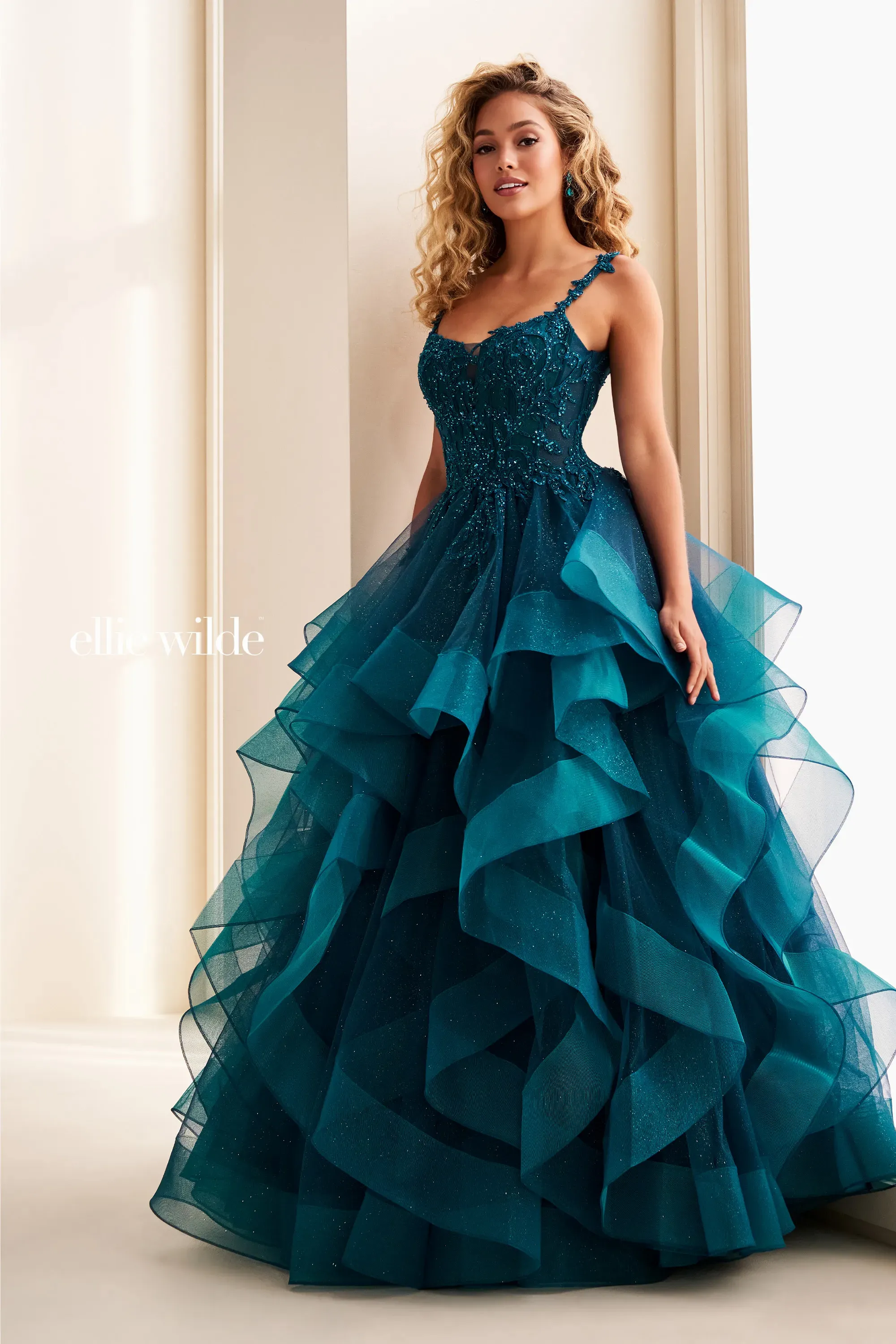 Ellie Wilde EW37128 Size 0, 22 TEAL Ruffle Ballgown Prom Dress Corset