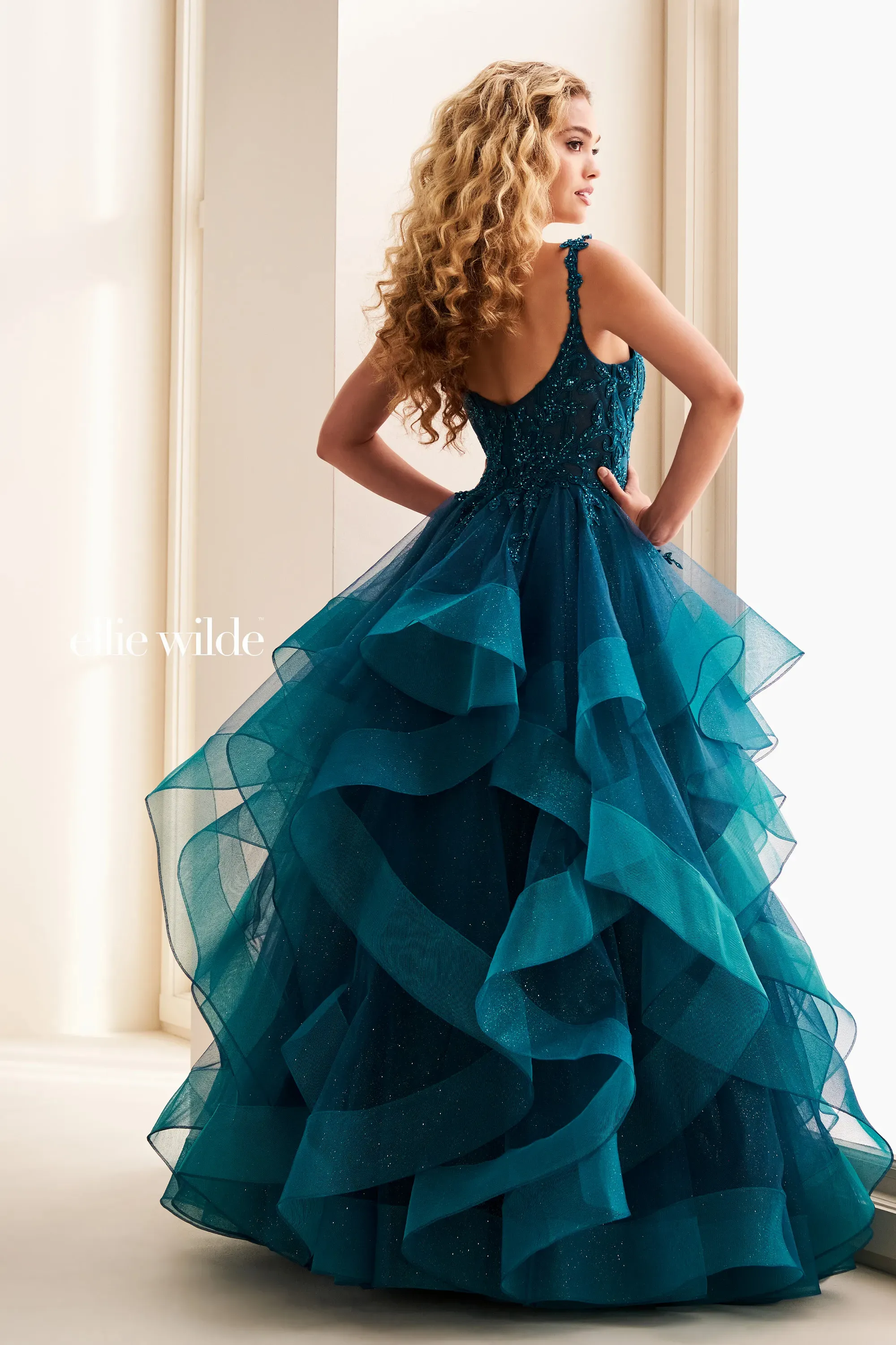 Ellie Wilde EW37128 Size 0, 22 TEAL Ruffle Ballgown Prom Dress Corset - Image 3