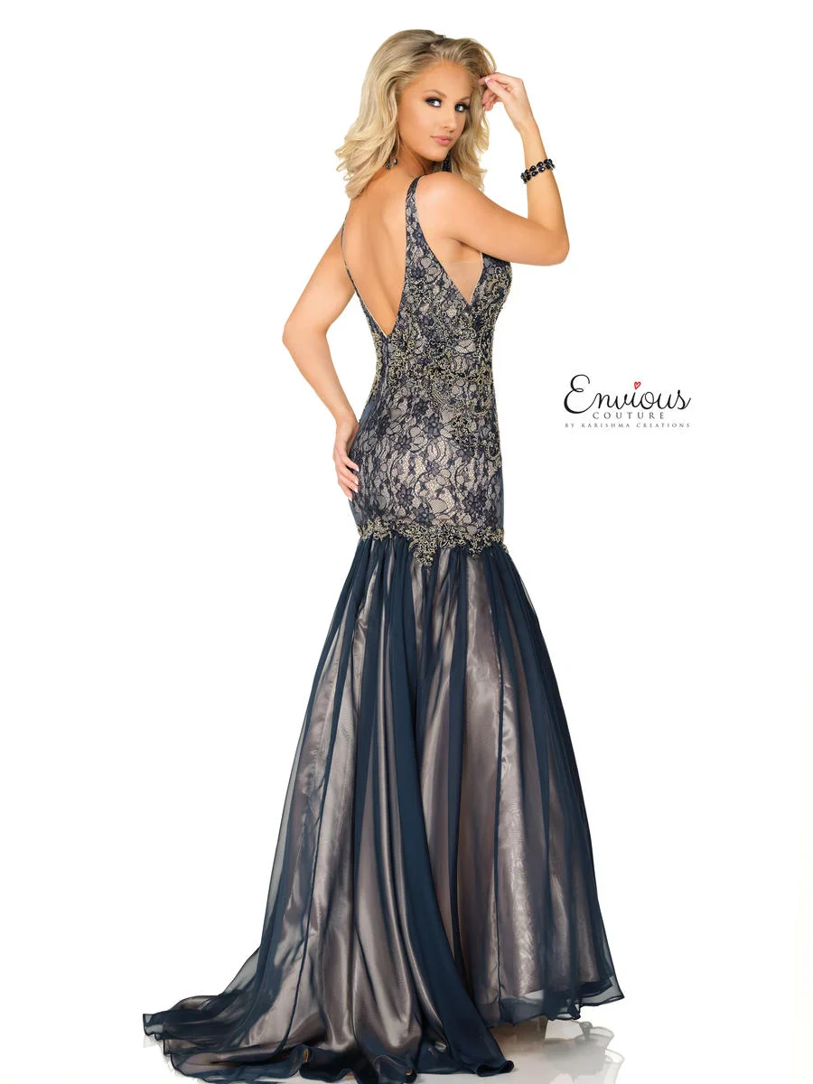 Envious Couture E1199 Size 10, 14 Navy Prom Dress Lace Chiffon Mermaid - Image 3