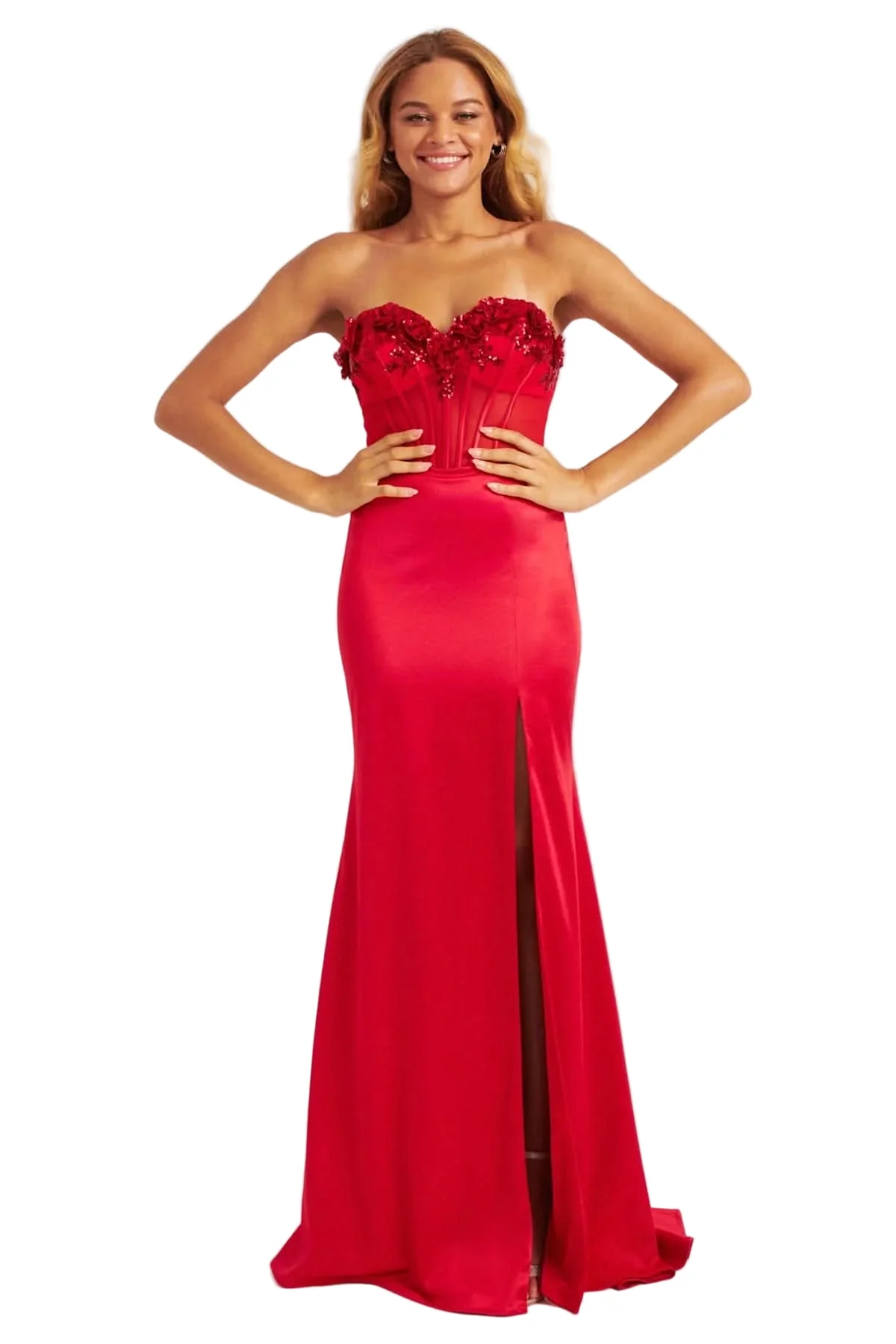 Faviana 11248 Size 6 Red Prom Dress Sequin Floral Top Slit Simple