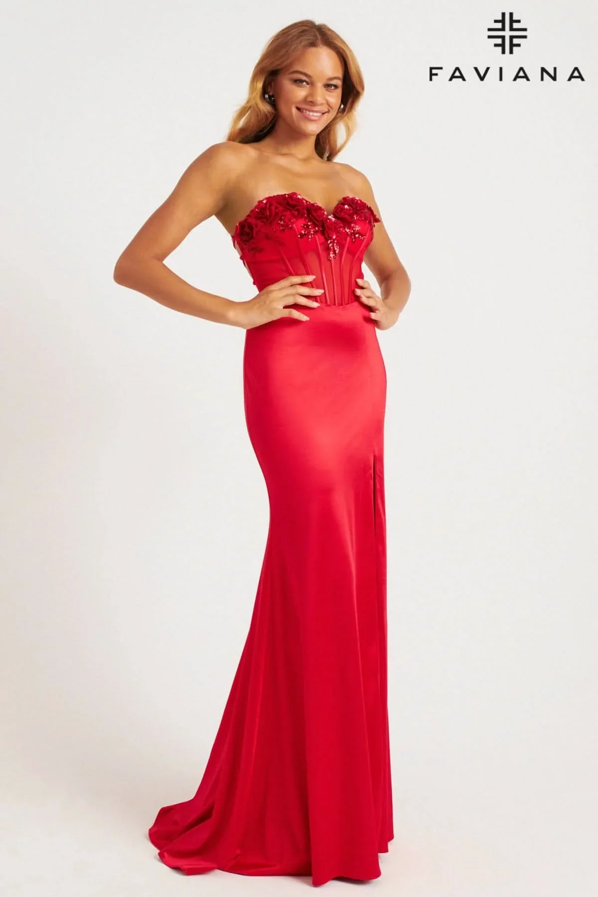 Faviana 11248 Size 6 Red Prom Dress Sequin Floral Top Slit Simple - Image 5