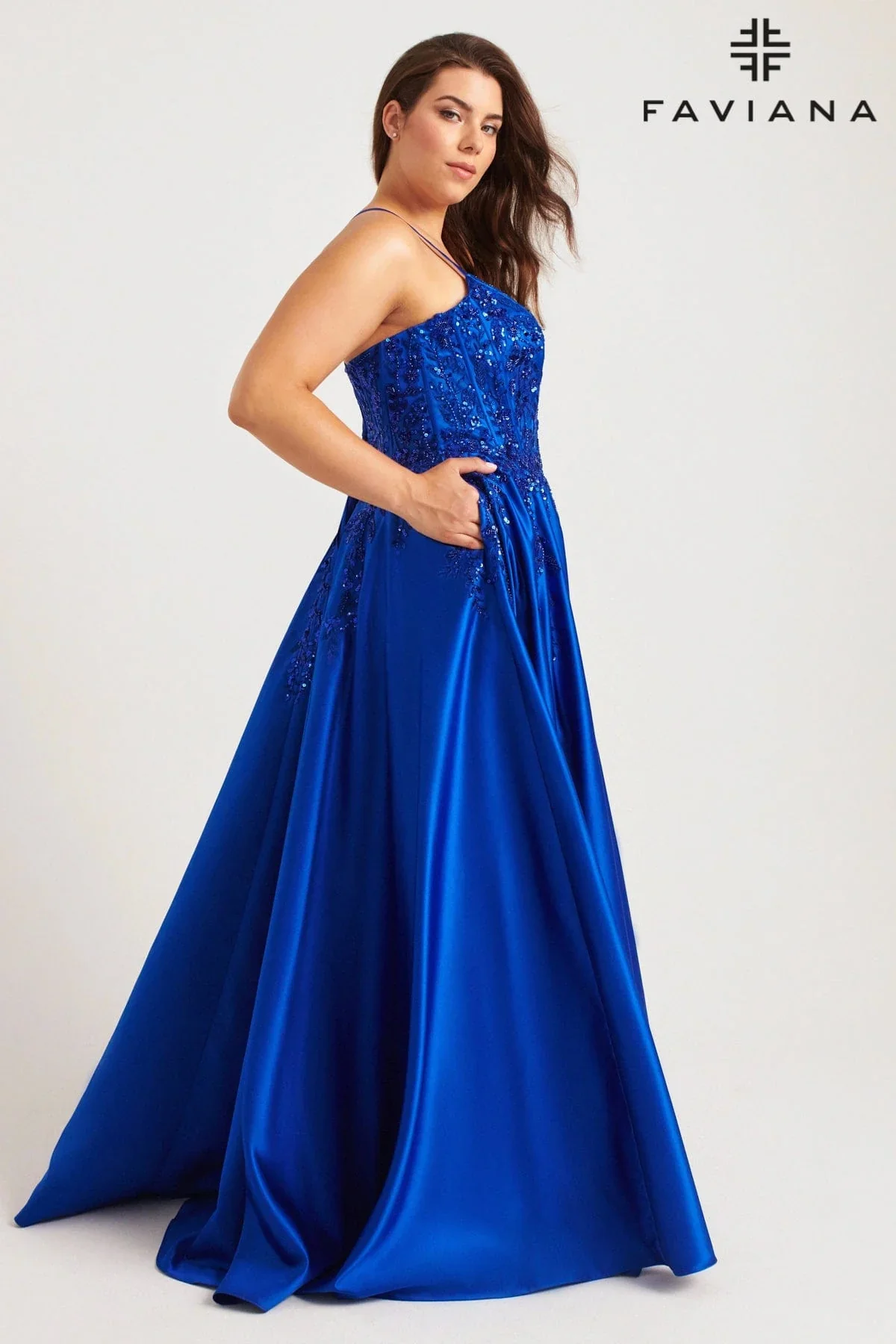Faviana 9575 Size 20W Royal Plus Size Satin Corset Sequin Lace Prom Dress Pockets Formal Gown - Image 3