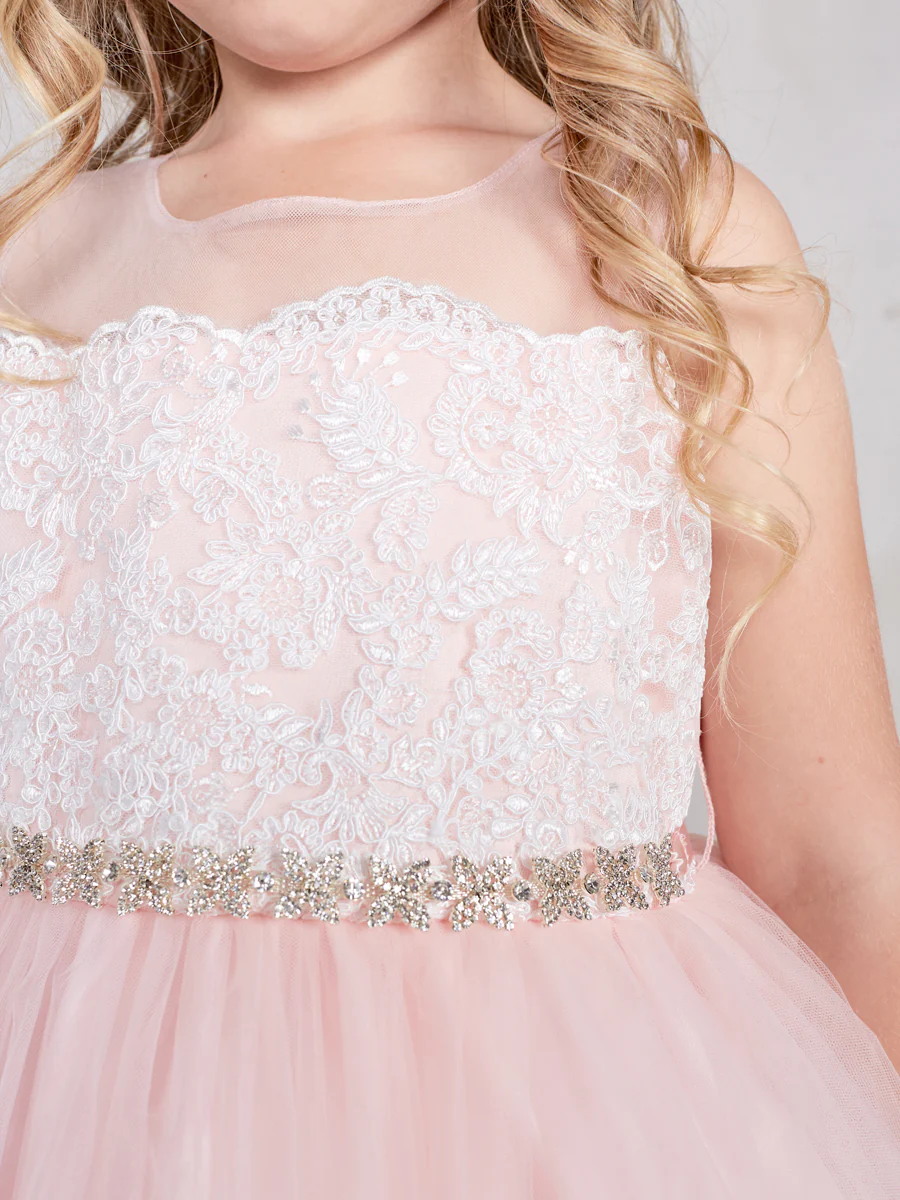 5805 Flower Girl Dress Size 4 Blush Girls Tea Length Lace Tulle Skirt - Image 3