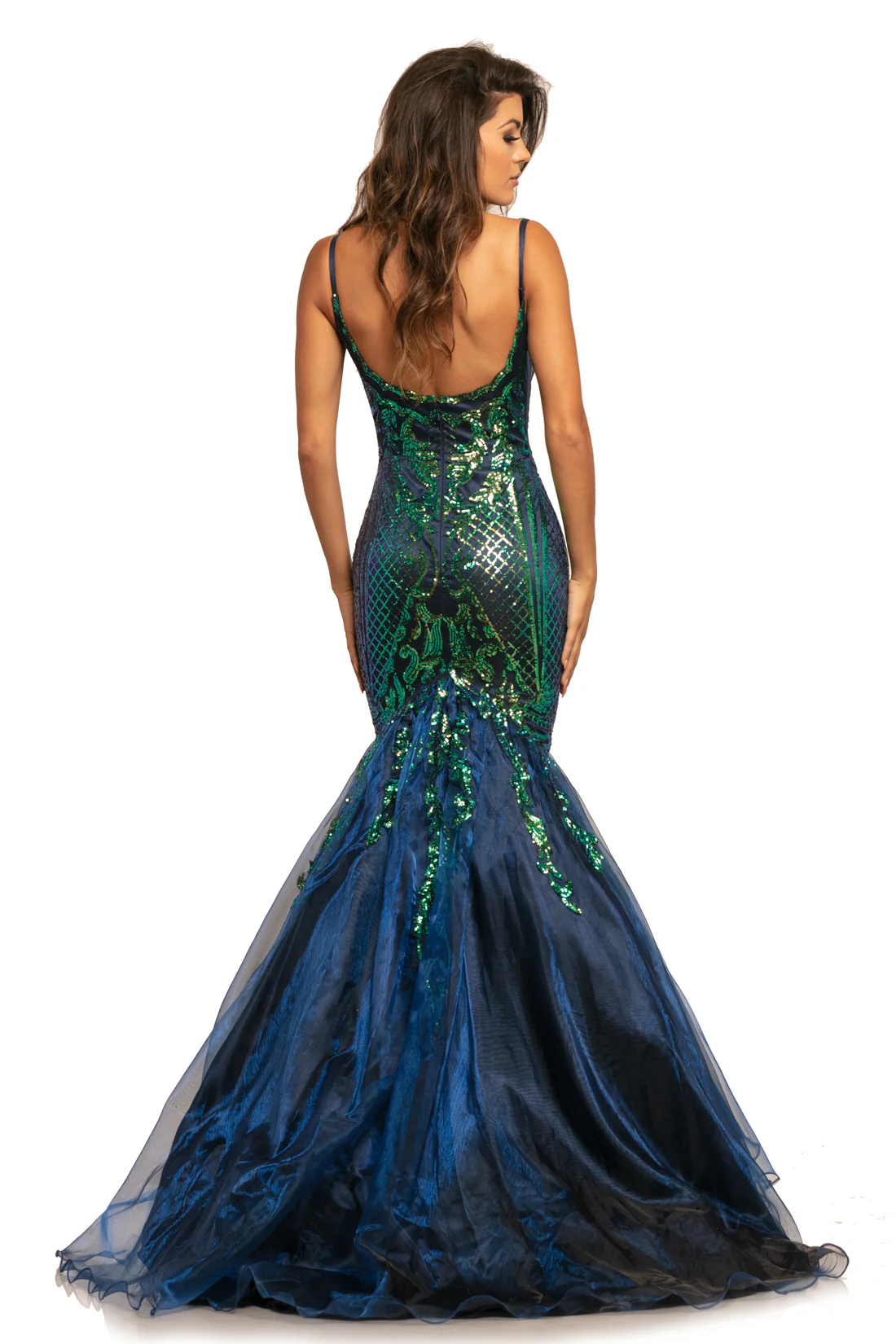 Johnathan Kayne 2018 Size 0 Navy/Multi Sequin Mermaid Iridescent Prom Dress Pageant Gown High Neck - Image 3