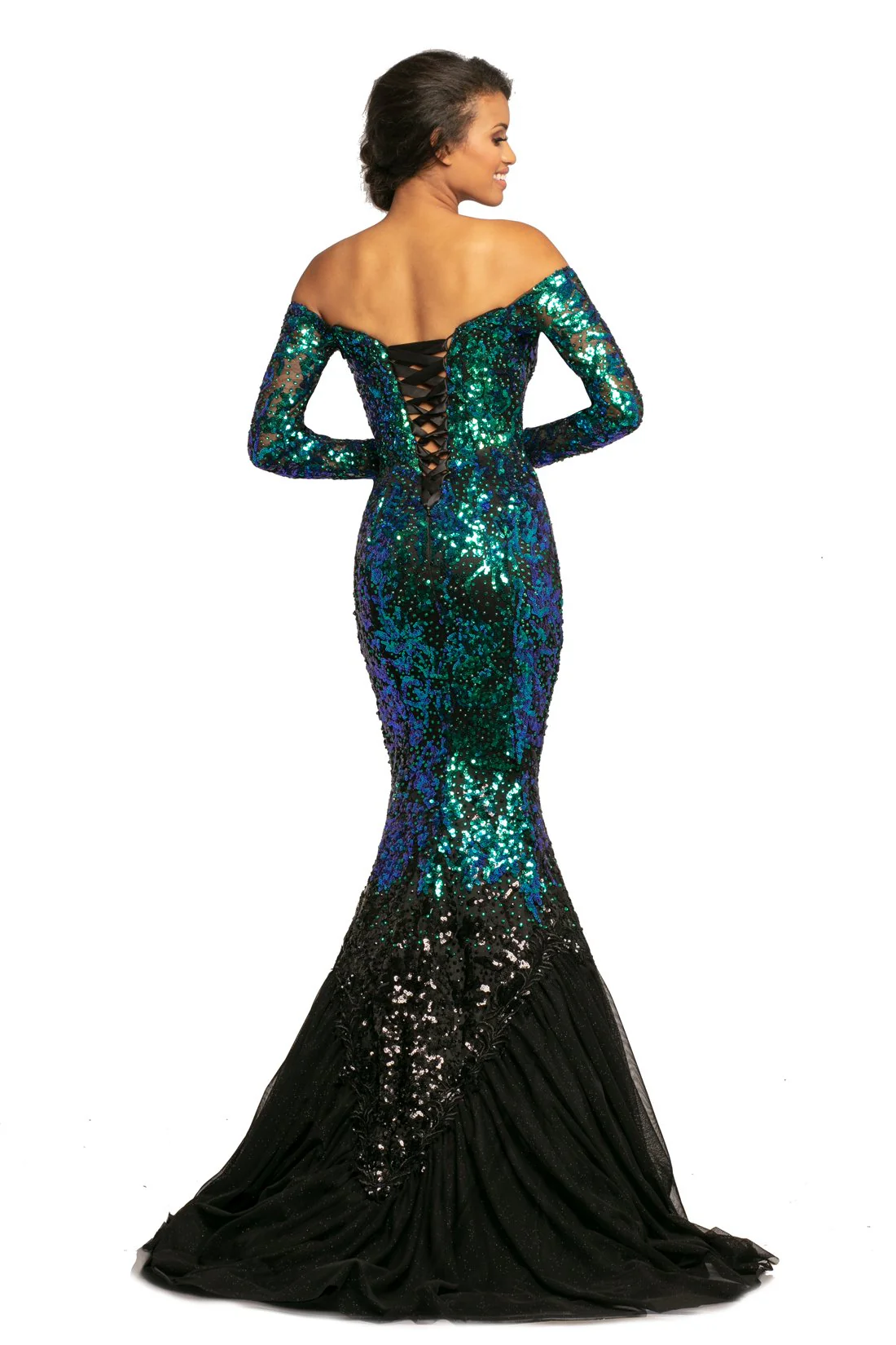 Johnathan Kayne 2062 Size 4, 6 Off the Shoulder Evening Gown Sequin Mermaid Pageant Dress Long Sleeves - Image 2