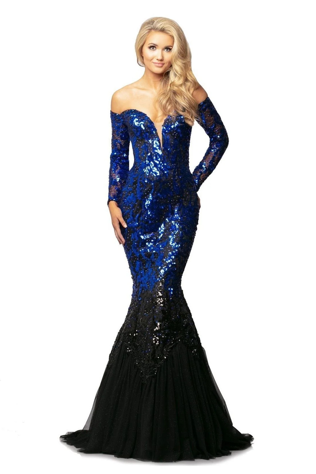 Johnathan Kayne 2062 Size 4, 6 Off the Shoulder Evening Gown Sequin Mermaid Pageant Dress Long Sleeves - Image 8
