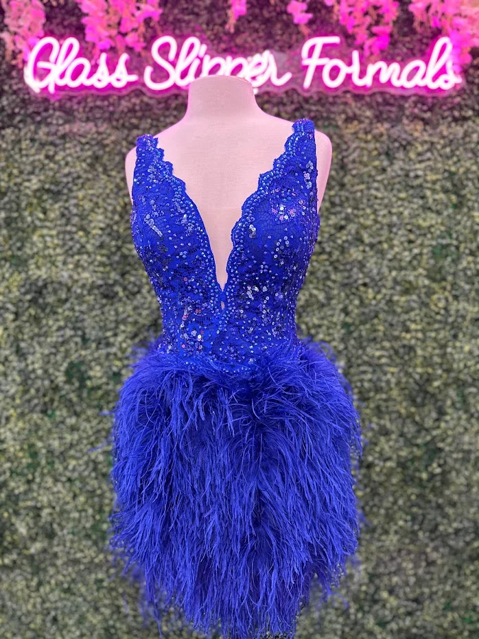 Johnathan Kayne 2314 size 10 Royal  Cocktail Dress Lace V Neckline Full Feather Short Skirt - Image 2