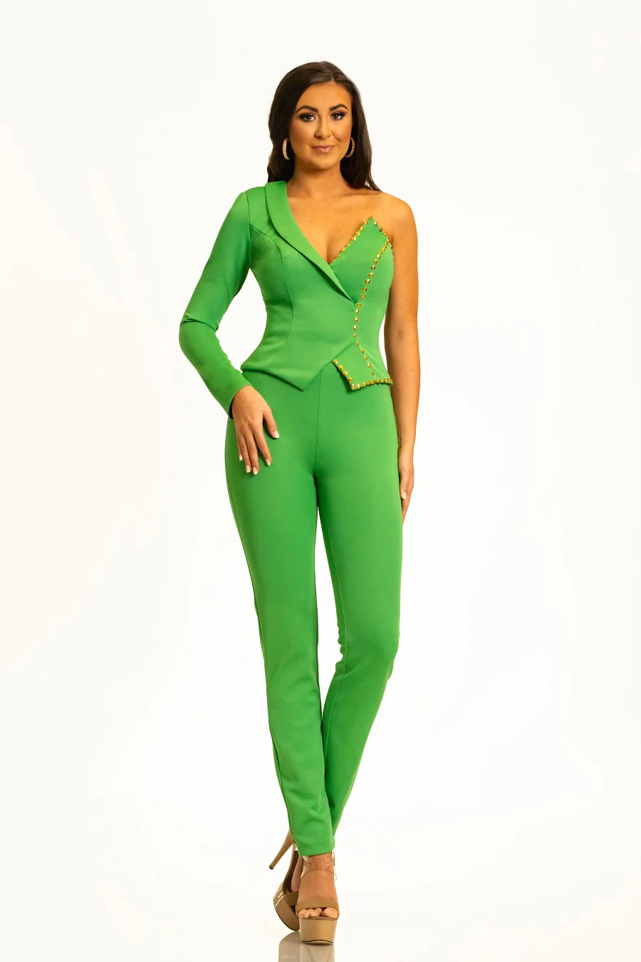 Johnathan Kayne 2323 Size 4 Turquoise Pantsuit Jumpsuit Two Piece Straight Legs One Shoulder - Image 3