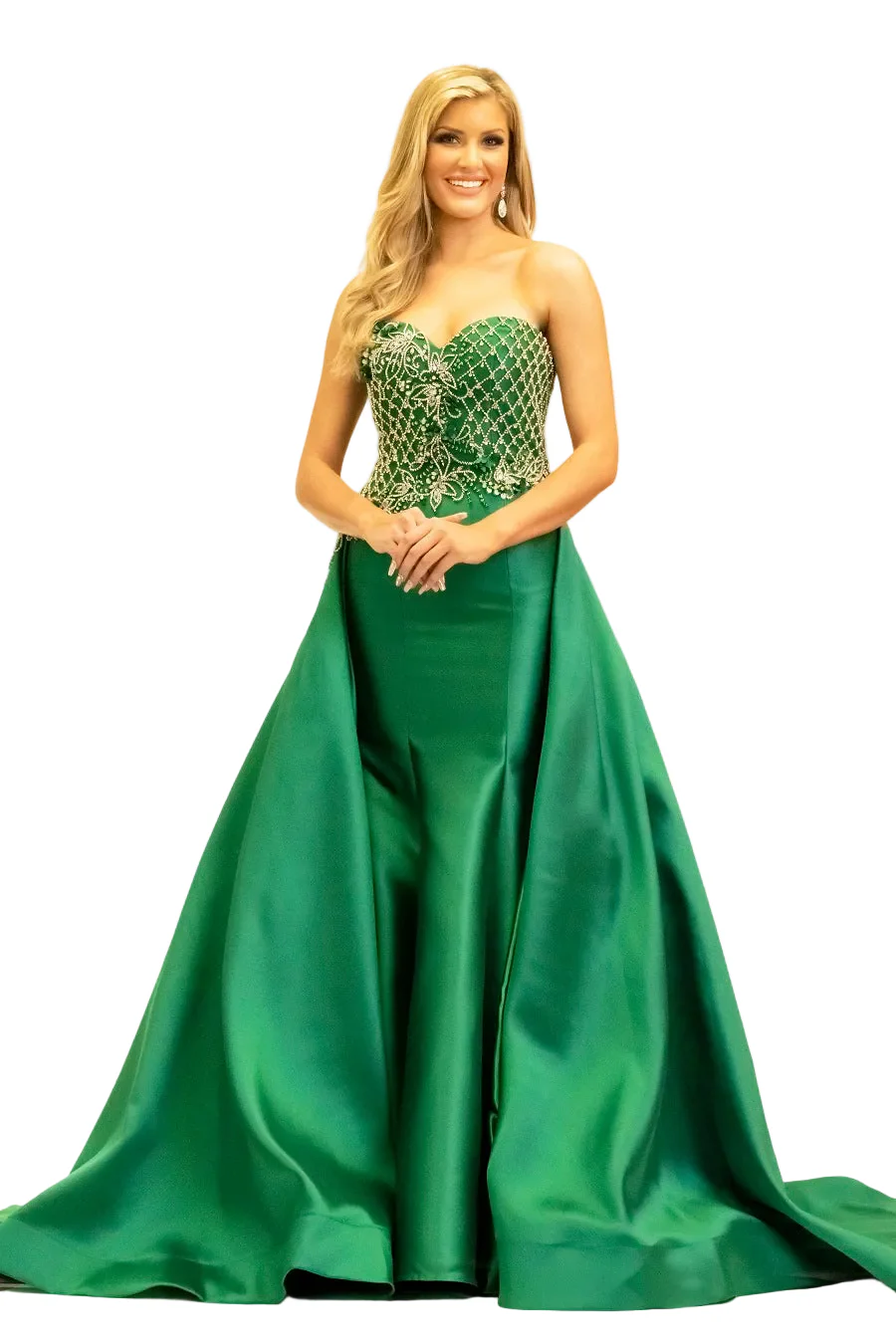 Johnathan Kayne 2333 Pageant Dress Strapless Sweetheart Overskirt Mikado Satin Emerald sz 4