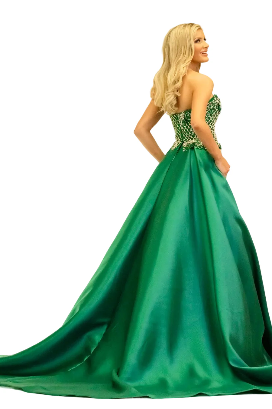 Johnathan Kayne 2333 Pageant Dress Strapless Sweetheart Overskirt Mikado Satin Emerald sz 4 - Image 2