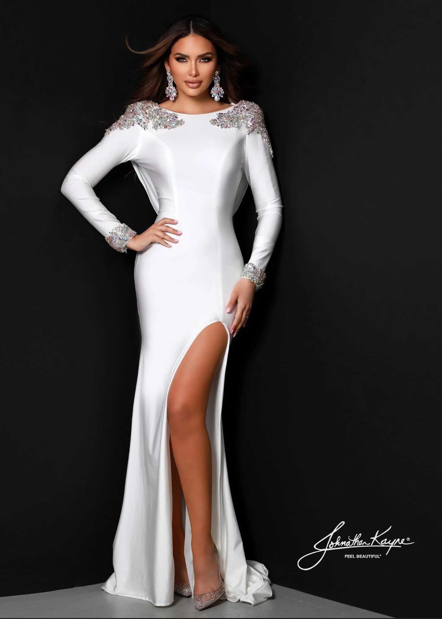 Johnathan Kayne 2436 Size 4 Hot Pink Long Sleeved Prom Dress Embellished Shoulders Backless - Image 3