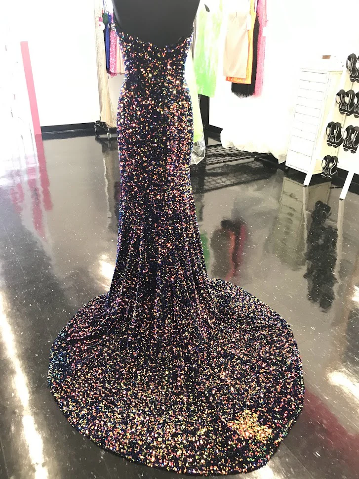 Johnathan Kayne 2529 Size 14 Multi Sequin Embellished Velvet Formal Pageant Dress Slit V Neck Train - Image 2