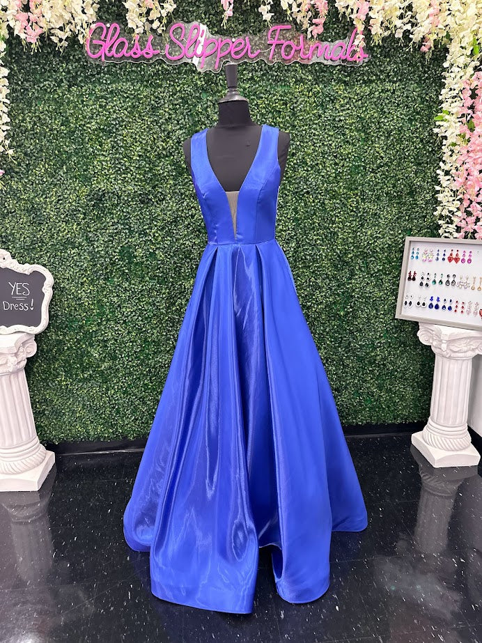 Johnathan Kayne 2550 Size 4 Royal A-Line Ballgown Satin Plunging Neckline Side Cut Outs Bows In Back Prom Gown - Image 10