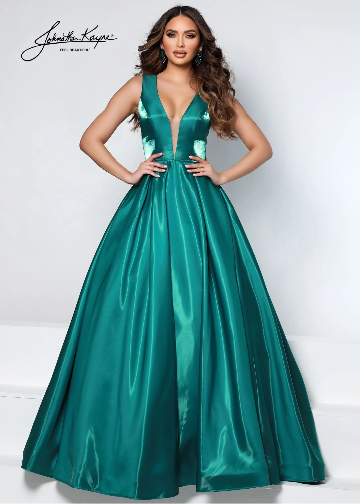 Johnathan Kayne 2550 Size 4 Royal A-Line Ballgown Satin Plunging Neckline Side Cut Outs Bows In Back Prom Gown - Image 2
