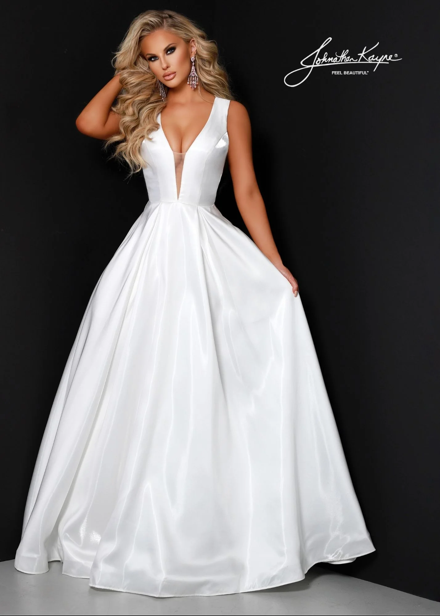 Johnathan Kayne 2550 Size 4 Royal A-Line Ballgown Satin Plunging Neckline Side Cut Outs Bows In Back Prom Gown - Image 6