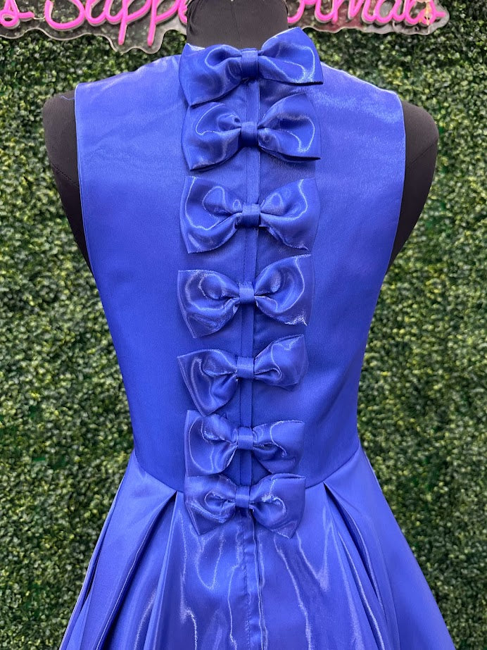 Johnathan Kayne 2550 Size 4 Royal A-Line Ballgown Satin Plunging Neckline Side Cut Outs Bows In Back Prom Gown - Image 8