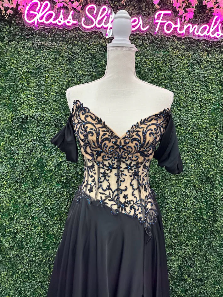 Johnathan Kayne 2554 Size 4 Black Pageant Gown Prom Dress Sheer Lace A Line Layered Skirt Long Train - Image 2