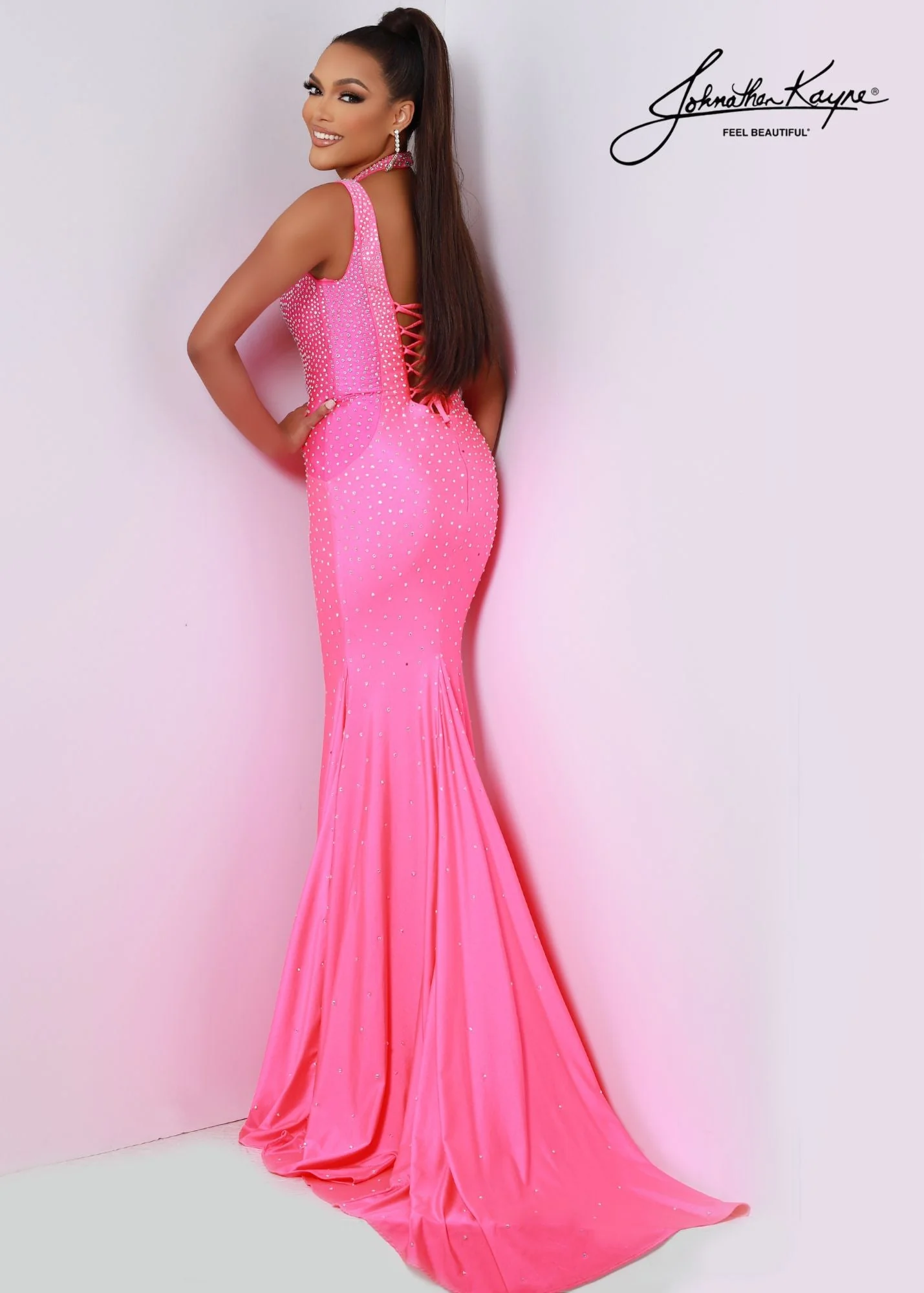 Johnathan Kayne 2611 Size 16 Barbie Pink Long Fitted Halter V Neck Corset Prom Dress Pageant Gown Crystal - Image 2