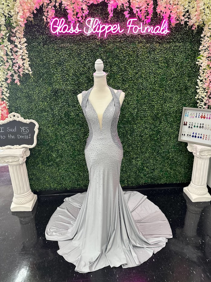 Johnathan Kayne 2611 Size 4 Silver Long Fitted Halter V Neck Corset Prom Dress Pageant Gown Crystal - Image 8