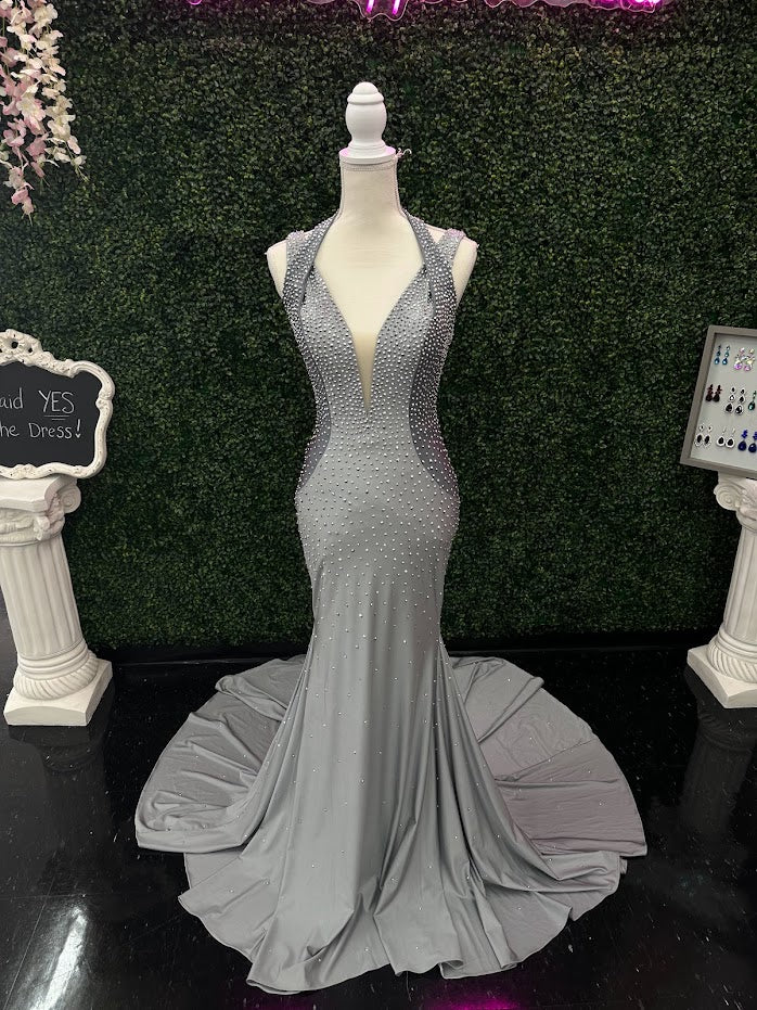 Johnathan Kayne 2611 Size 4 Silver Long Fitted Halter V Neck Corset Prom Dress Pageant Gown Crystal - Image 9
