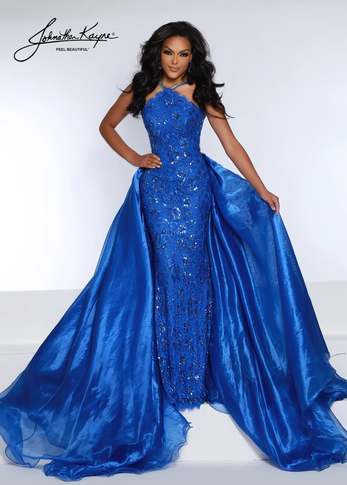 Johnathan Kayne 2618 Long Pageant Dress Sequin Lace High Neck Overskirt High Neck Crystal Formal - Image 3