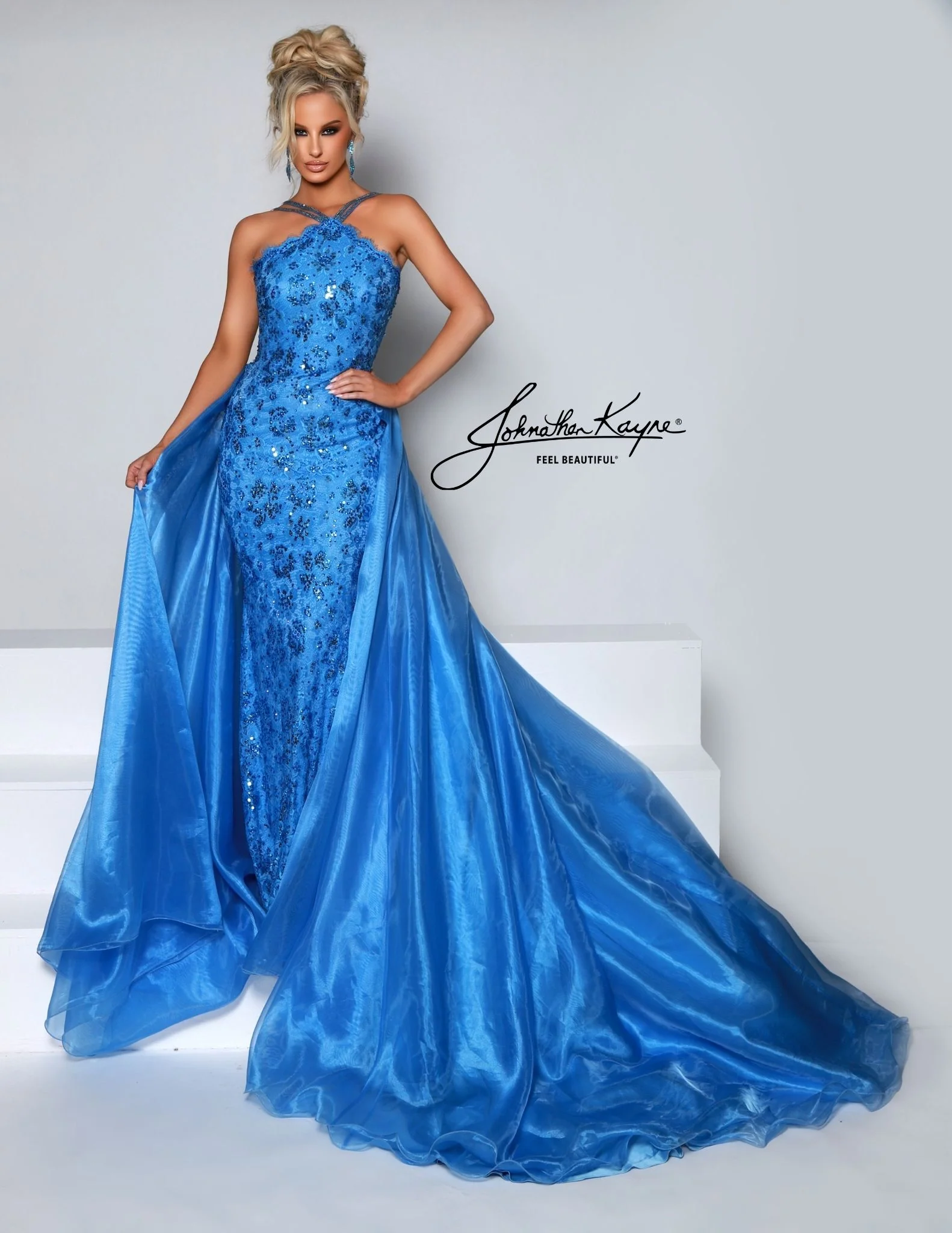 Johnathan Kayne 2618 Long Pageant Dress Sequin Lace High Neck Overskirt High Neck Crystal Formal - Image 4
