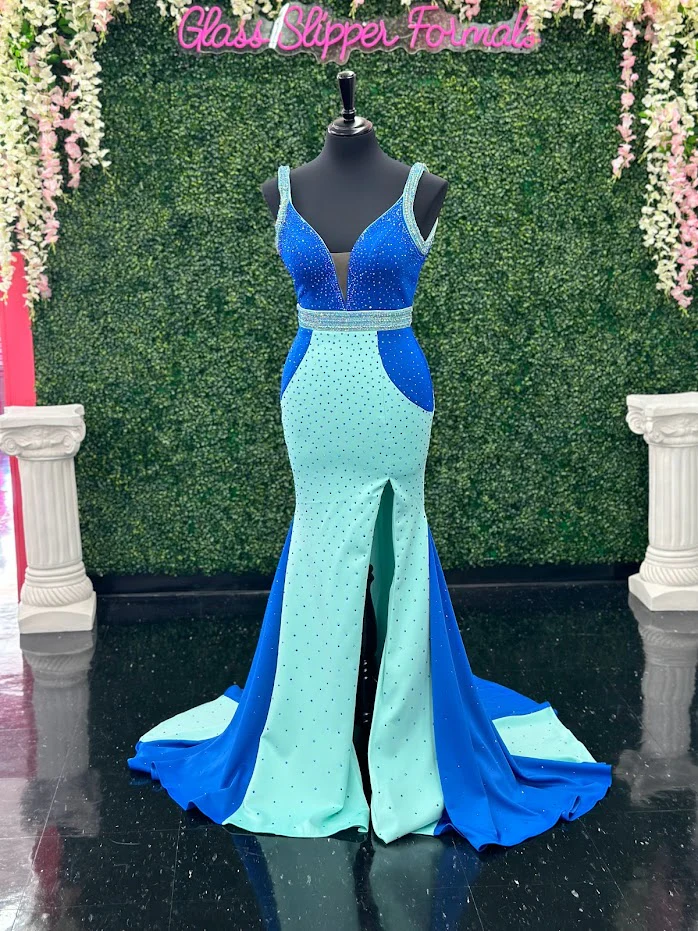 Johnathan Kayne 2628 Size 4 Long Fitted Scuba Pageant Dress Crystal Slit Train Gown Prom