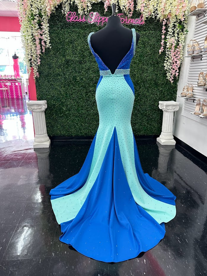 Johnathan Kayne 2628 Size 4 Long Fitted Scuba Pageant Dress Crystal Slit Train Gown Prom - Image 3