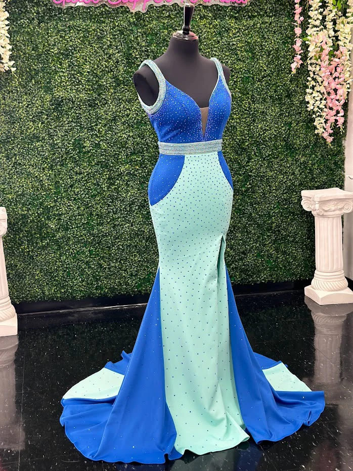 Johnathan Kayne 2628 Size 4 Long Fitted Scuba Pageant Dress Crystal Slit Train Gown Prom - Image 8