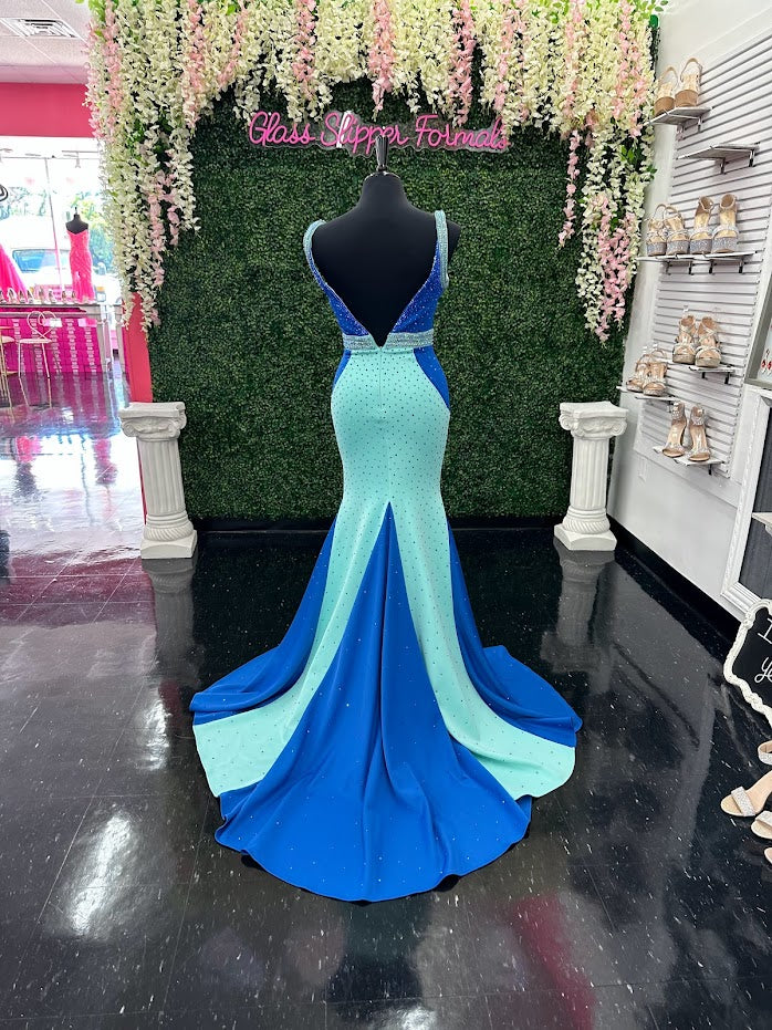 Johnathan Kayne 2628 Size 4 Long Fitted Scuba Pageant Dress Crystal Slit Train Gown Prom - Image 9