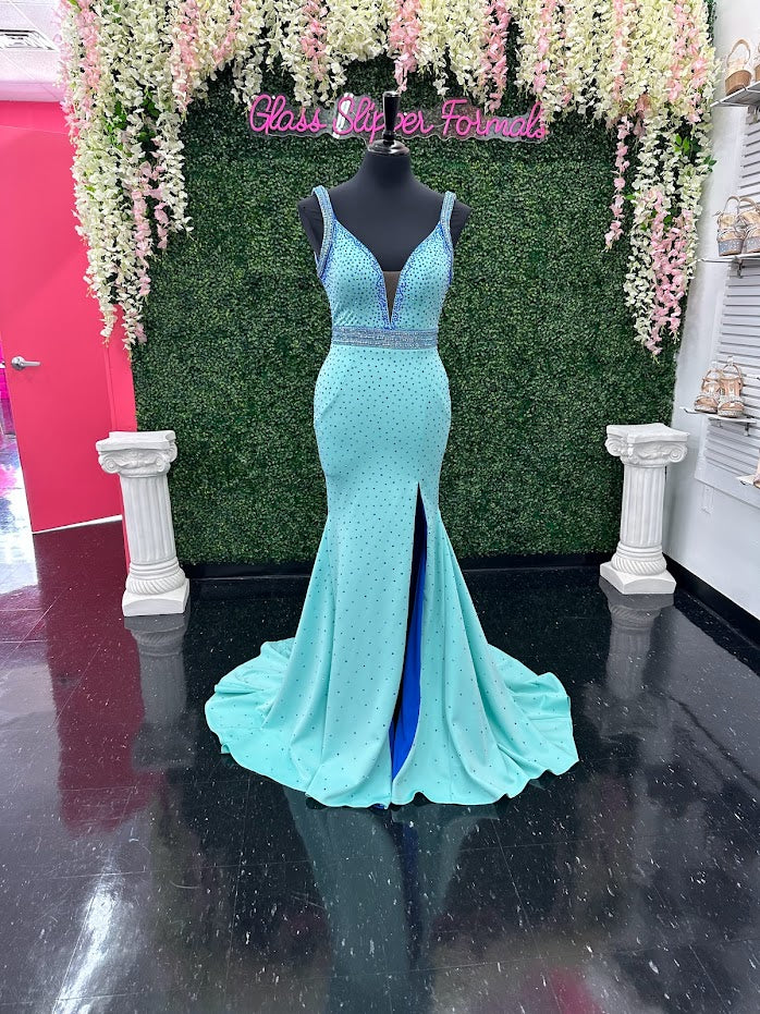 Johnathan Kayne 2628 Size 4 Long Fitted Scuba Pageant Dress Crystal Slit Train Gown Prom - Image 4
