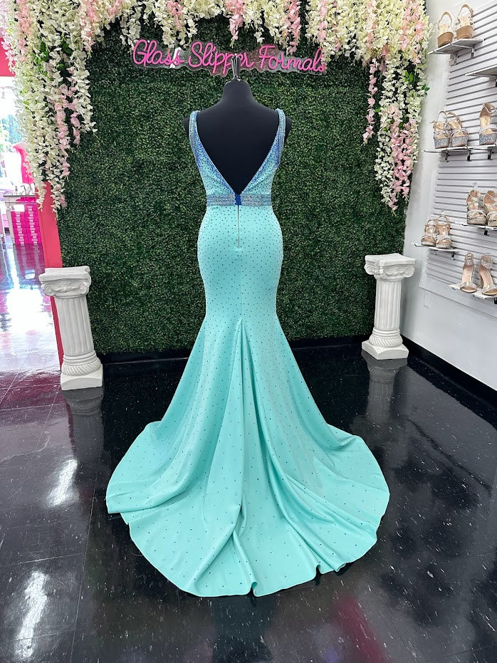 Johnathan Kayne 2628 Size 4 Long Fitted Scuba Pageant Dress Crystal Slit Train Gown Prom - Image 7