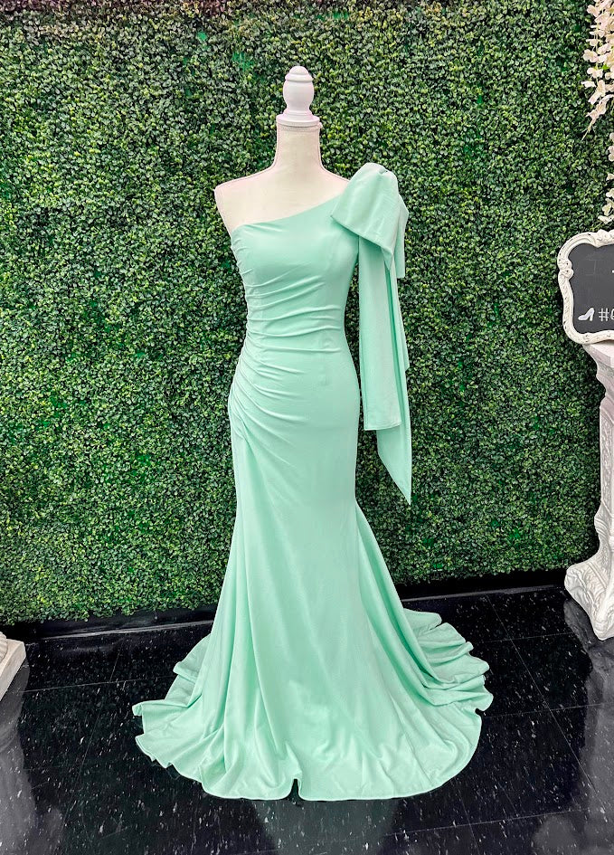 Johnathan Kayne 2643 Size 4 Mint Long Crepe One Shoulder Formal Dress Bow Evening Gown