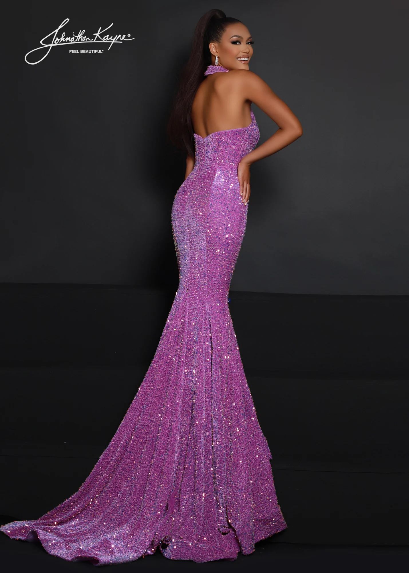 Johnathan Kayne 2673 Size 0 Orchid Sequin Stretch Velvet with Halter Bodice and Flit & Flare - Image 2
