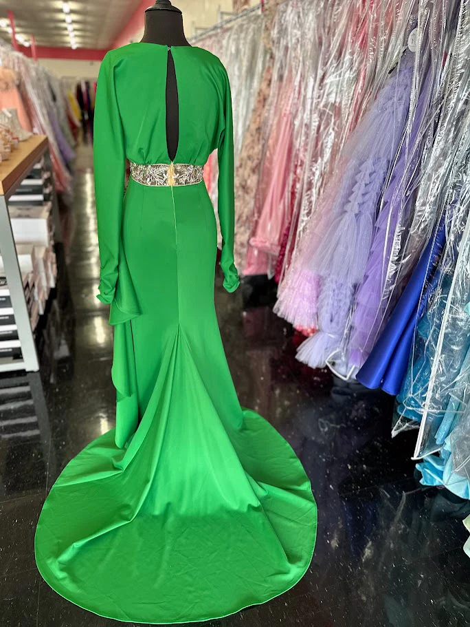 Johnathan Kayne 2685 Size 4 Green Long Sleeve Formal Dress High Slit Gown Crystal Sheer Beading - Image 3