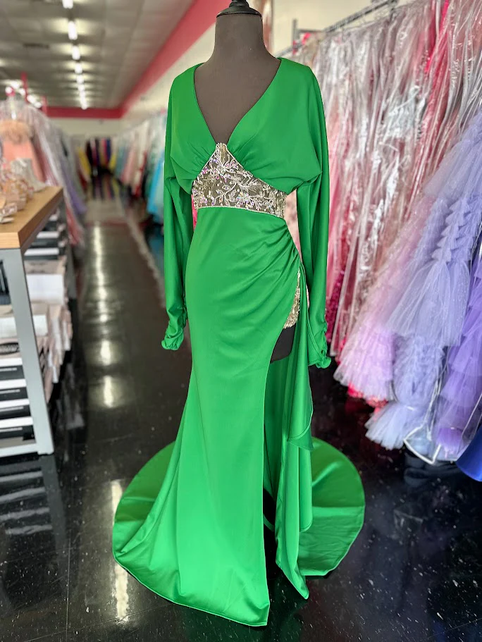 Johnathan Kayne 2685 Size 4 Green Long Sleeve Formal Dress High Slit Gown Crystal Sheer Beading - Image 4