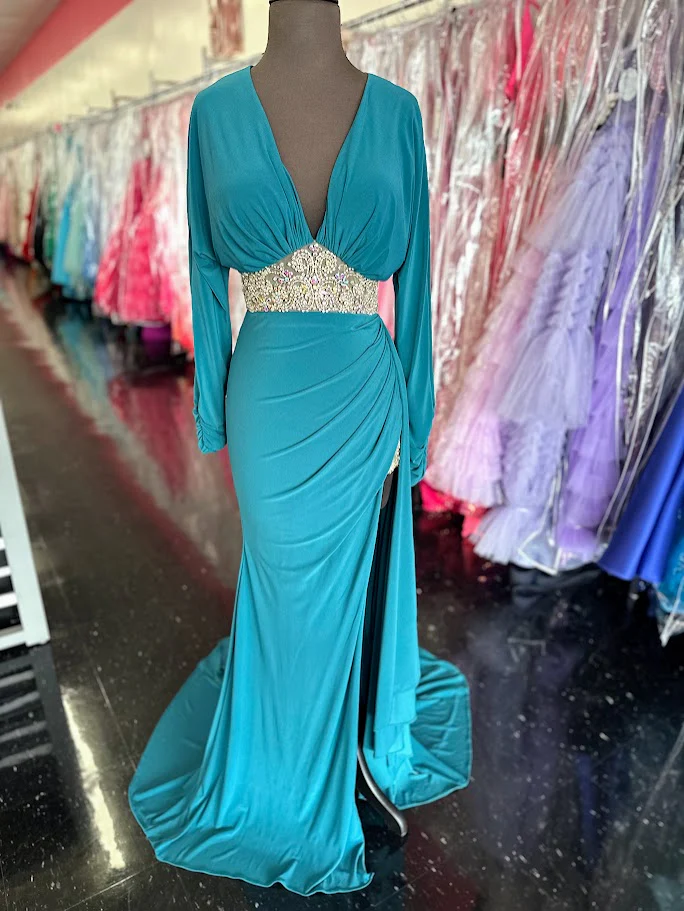 Johnathan Kayne 2685 Size 4 Green Long Sleeve Formal Dress High Slit Gown Crystal Sheer Beading - Image 5